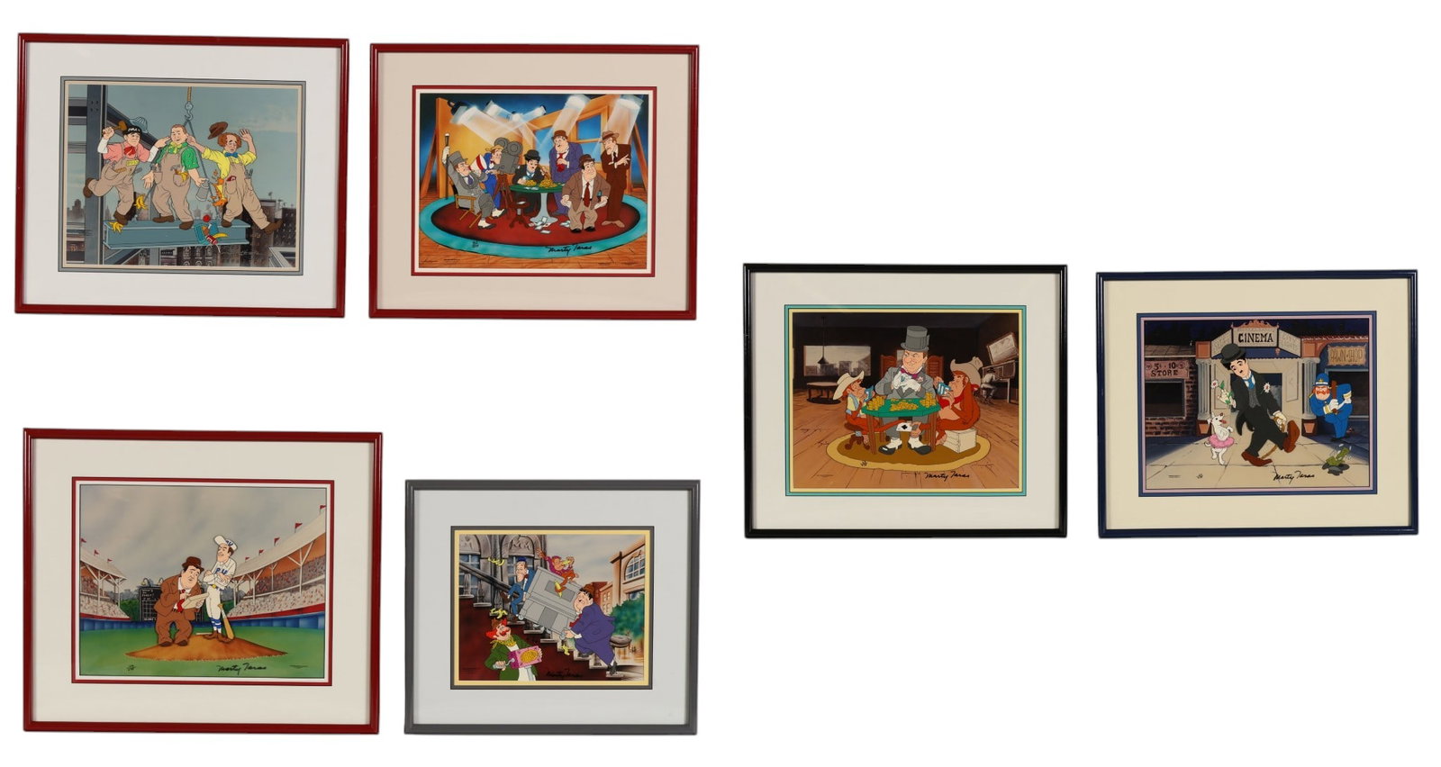 Taras and Hildebrandt Animation Cel 6pc LOT SIGNED: Lot of six Marty Taras (American, 1904-1965) and Tim Hildebrandt (American, 1939-2006) limited edition hand-painted animation cels depicting classic Hollywood comedy scenes inspired by figures such as
