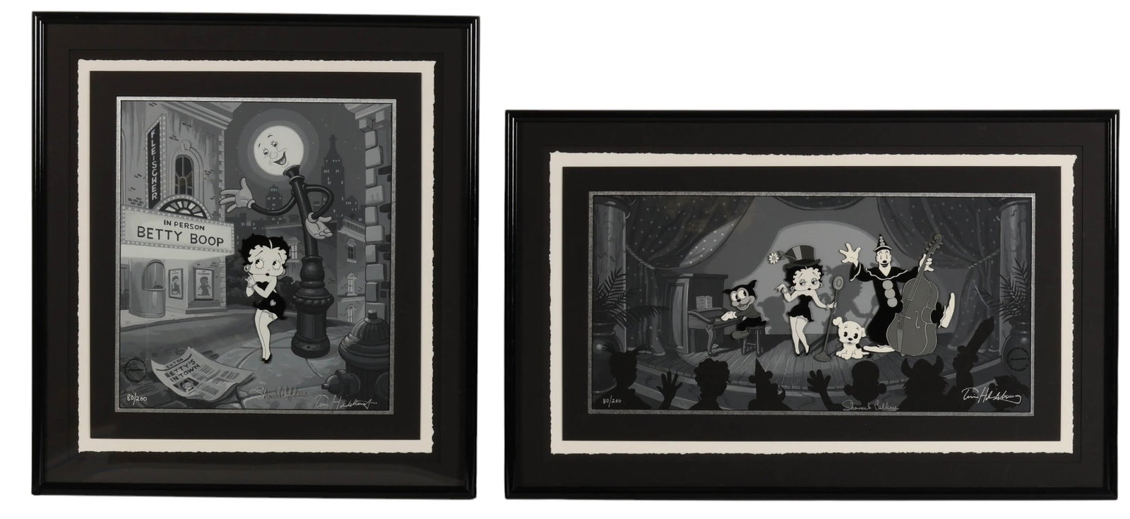 Betty Boop Limited Edition Hand Painted Cel 2p LOT: Two Betty Boop limited edition animation cels titled Now Showing and Show Time, featuring classic characters including Betty Boop, KoKo, Bimbo, and Pudgy. The works are hand-painted cel presentations 