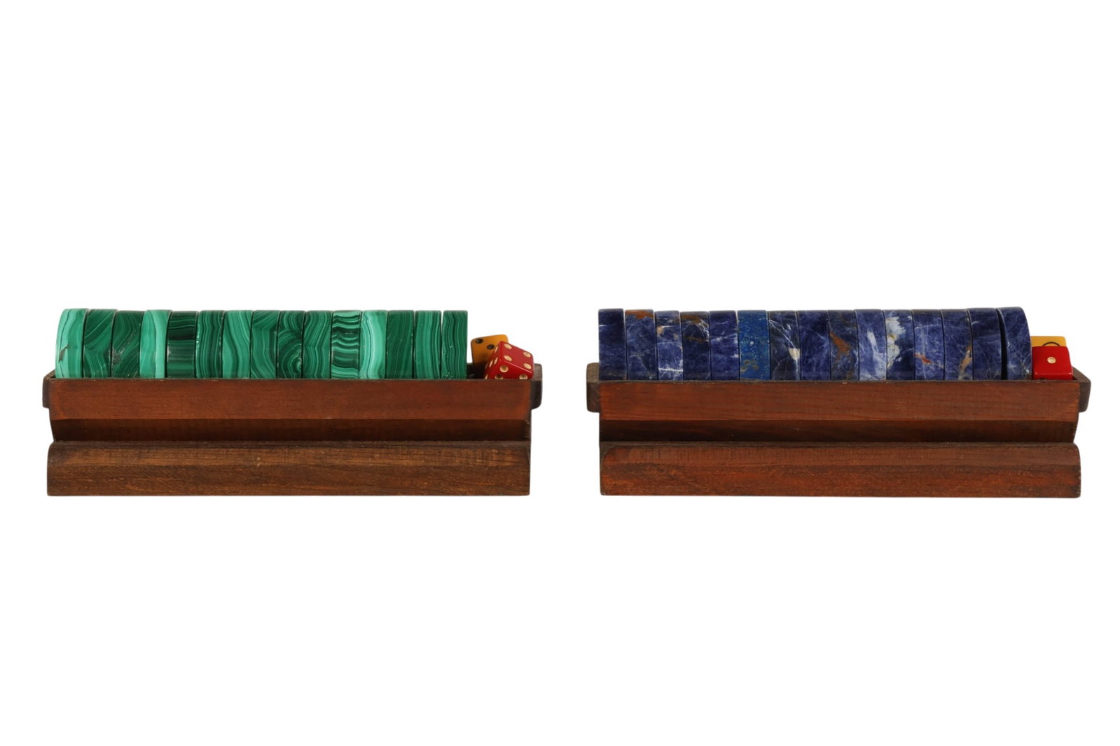 Malachite and Sodalite Backgammon Checkers & Dice: Decorative gaming chip set comprising two groups of smooth high mirror polished stone discs including fifteen banded green malachite and fifteen deep blue sodalite examples totaling thirty pieces. Eac