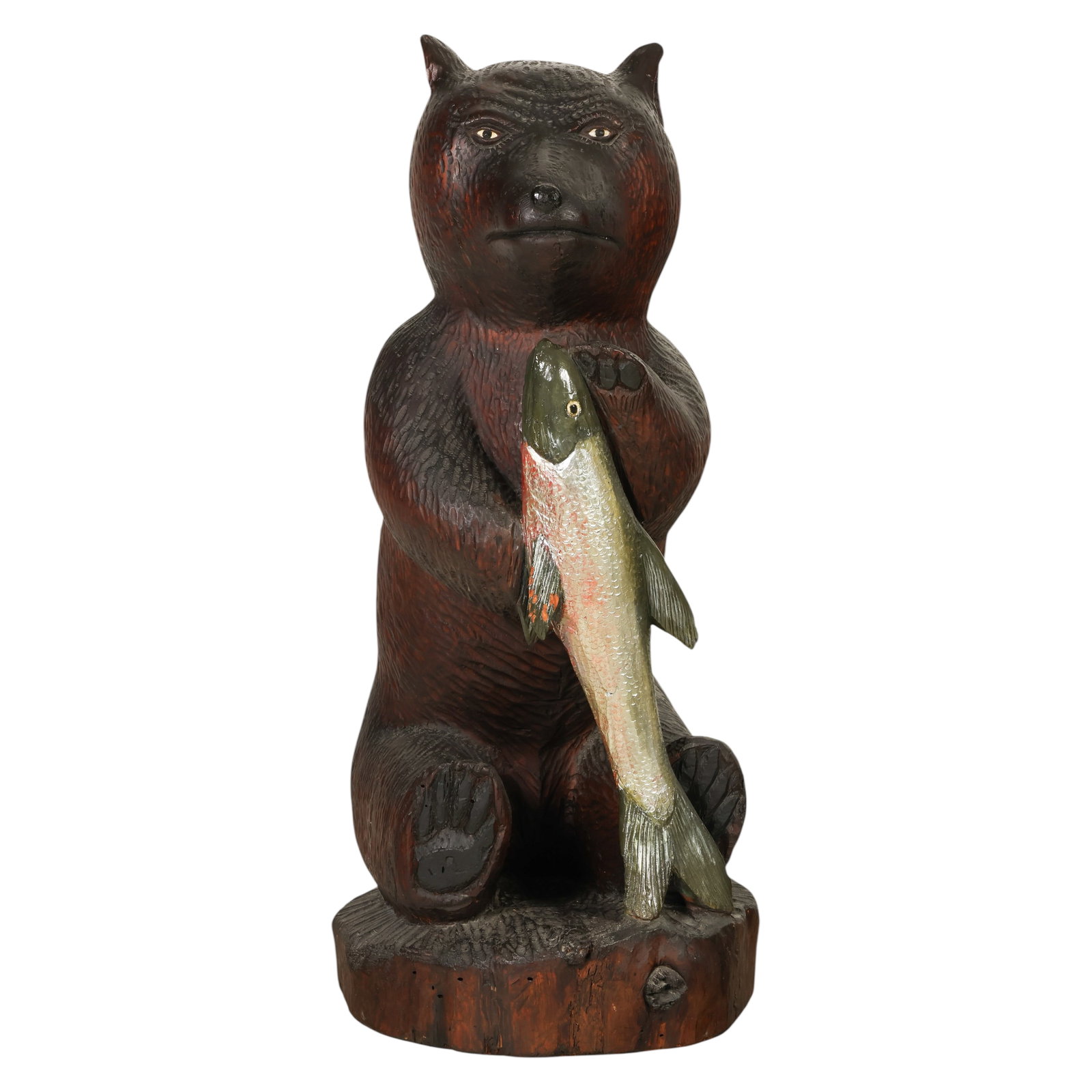 Hand Carved Wood Bear w Fish Folk Art 47" Statue: Hand carved, a large wooden sculpture depicting a standing black bear holding a fish between its front paws. Executed from a substantial solid log with detailed texturing to simulate fur and a natural