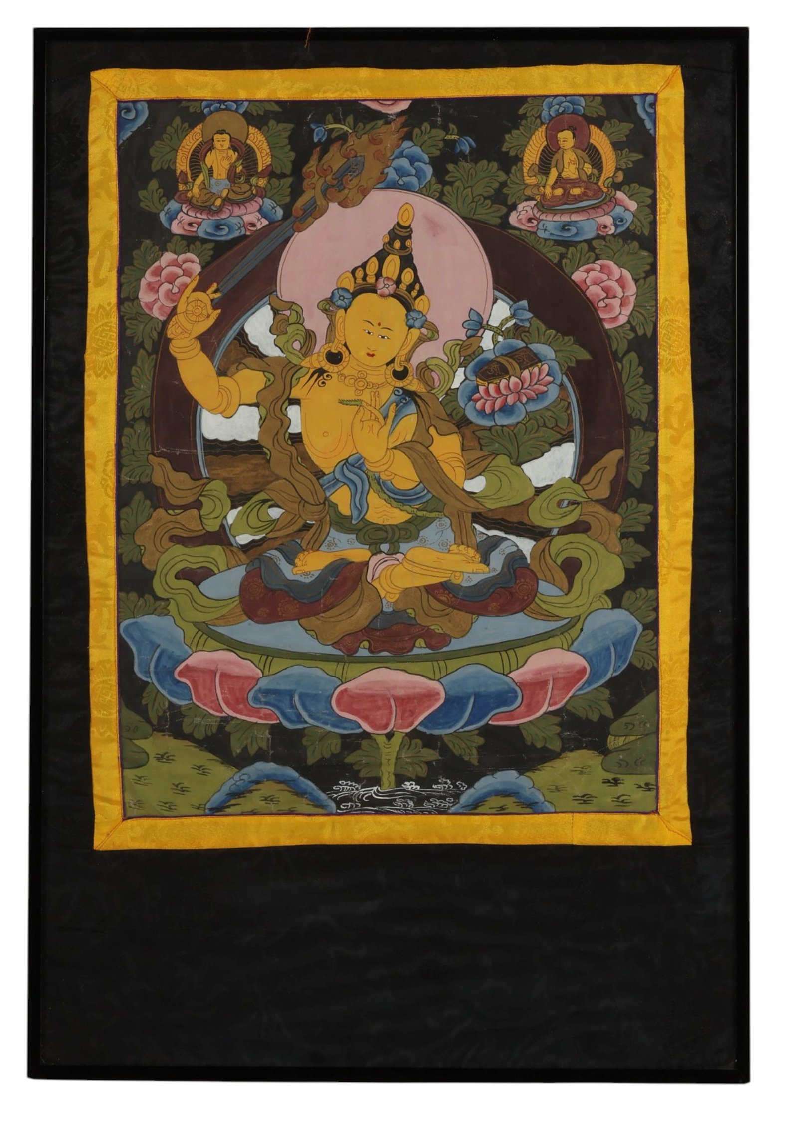 Tibetan School Thangka Buddhist Deity Painting: Tibetan School traditional hand-painted thangka depicting a Buddhist deity seated in lotus position surrounded by ornate floral and symbolic motifs. The central figure is rendered in vibrant polychrom
