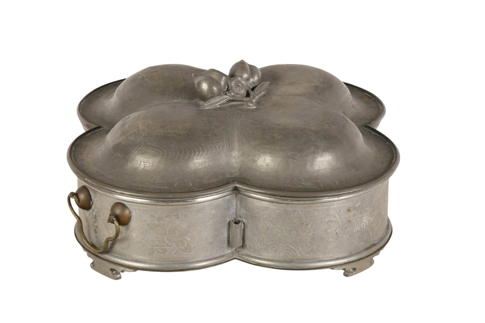 Chinese 19C Pewter Sweetmeat Warmer with Jadestone: Chinese 19th century pewter sweetmeat warmer set of clover form engraved throughout with floral and decorative motifs. The fitted interior comprises four lidded compartments each with figural and frui