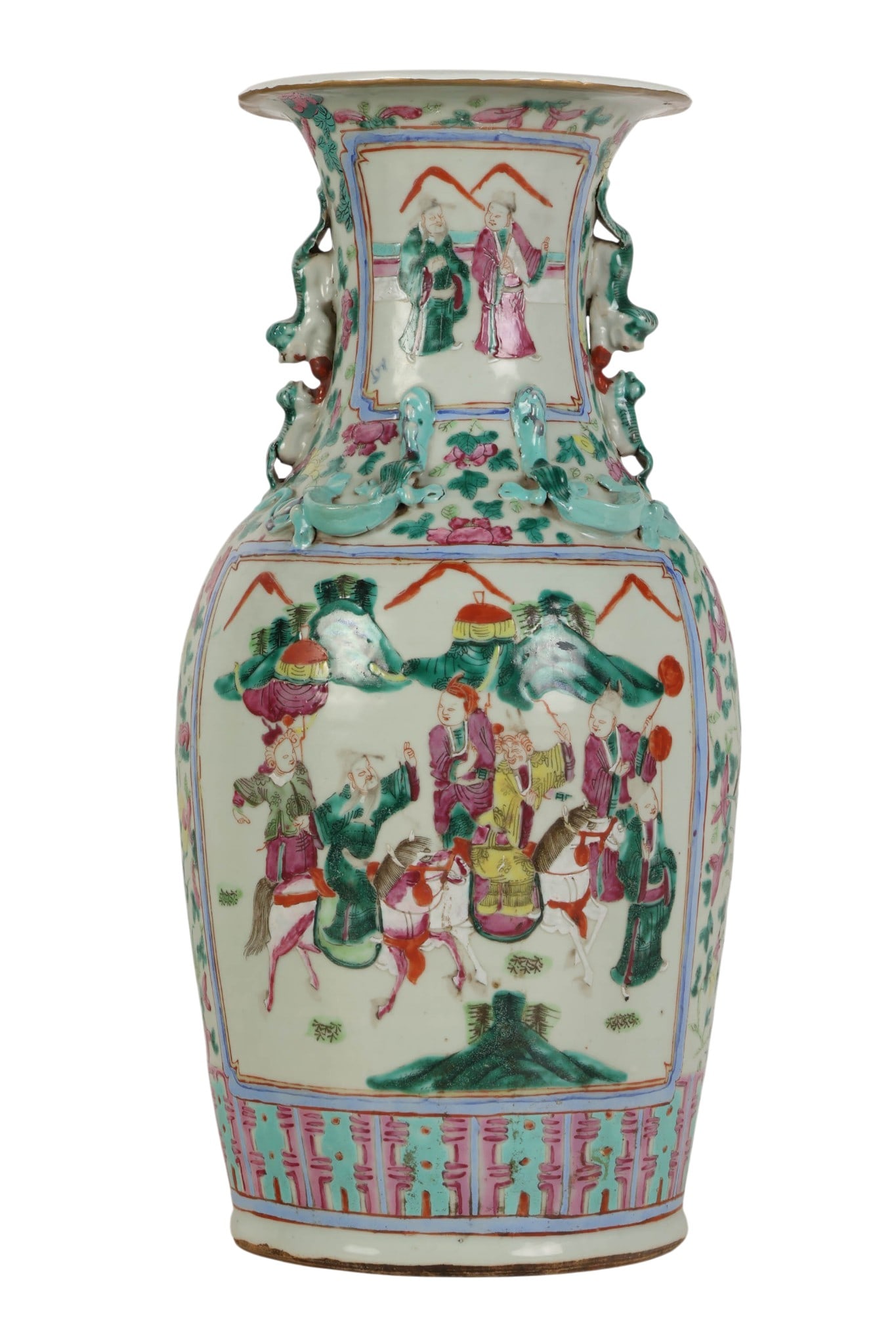 Chinese Export 17.5" Famille Rose Porcelain Vase: Chinese porcelain famille rose baluster-form vase featuring finely detailed figural court scenes within shaped reserves, surrounded by floral and bird motifs in vibrant polychrome enamels. The neck is