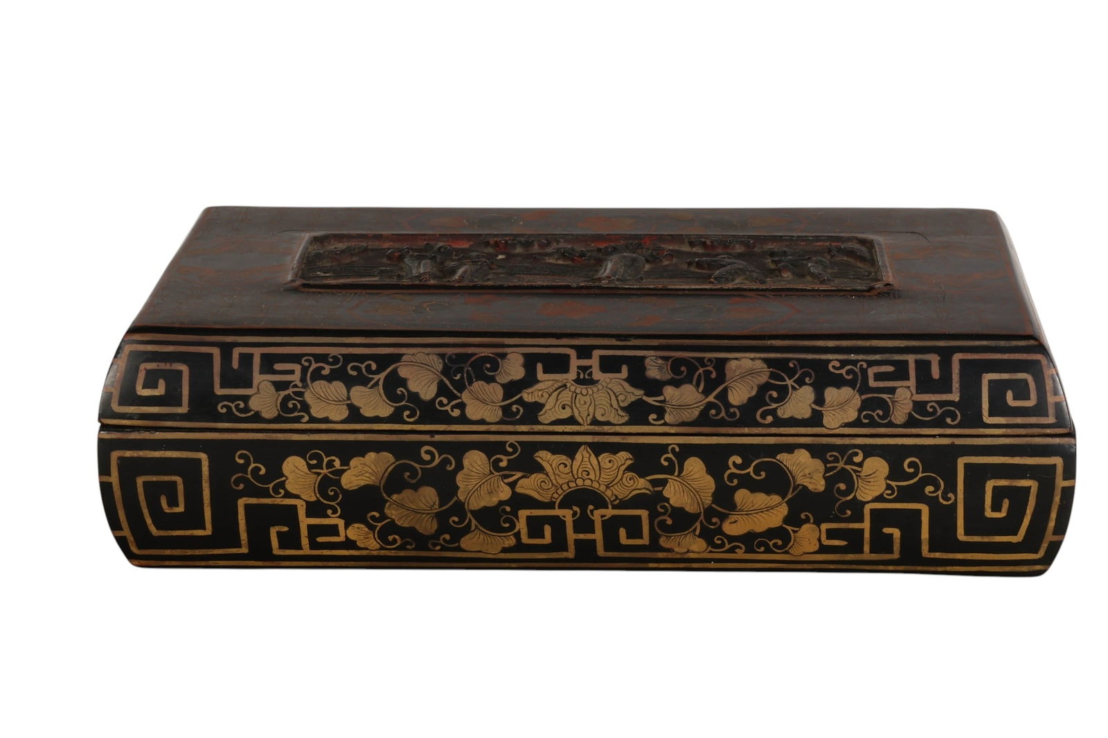 Chinese Carved Figural Relief Panel on Lacquer Box: Chinese rectangular lacquer box featuring a richly decorated exterior with gilt and polychrome floral and geometric motifs on a dark ground. The lid is centered with a raised relief panel depicting fi