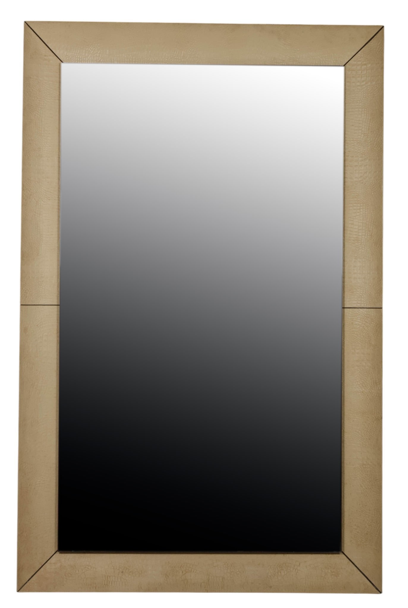 Artefacto White Embossed Leather 87x55 Wall Mirror: Artefacto, a designer floor mirror featuring an off white crocodile pattern embossed leather frame in a large scale rectangular wall or leaner form. The frame displays mitered corners and a textured l