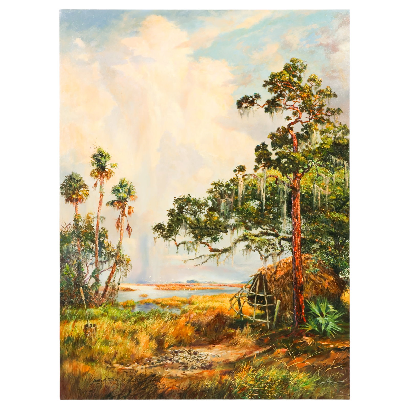 James Hutchinson 1932-2023 Landscape Oil Painting: James Frederick Hutchinson (American, 1932-2023), original oil on canvas Florida landscape painting depicting a serene marshland scene with towering palm trees, Spanish moss-draped oaks, reflective wa