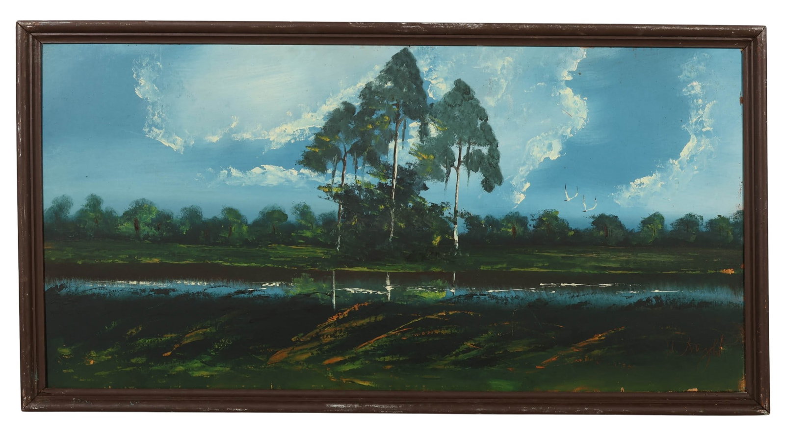 Isaac Knight 1941-2022 Florida Highwayman Painting: Isaac Knight (American, 1941-2022), oil painting on board depicting a tranquil Florida landscape with tall trees reflected along calm waters beneath a dramatic cloud-filled sky. Signed lower right I. 