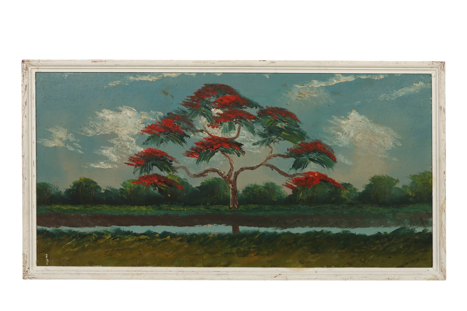 Isaac Knight 1941-2022 Florida Highwayman Painting: Oil on masonite board painting attributed to Isaac Knight (American; Florida, 1941-2022), depicting a stylized tropical landscape centered by a flamboyant poinsettia tree with vivid red foliage set be