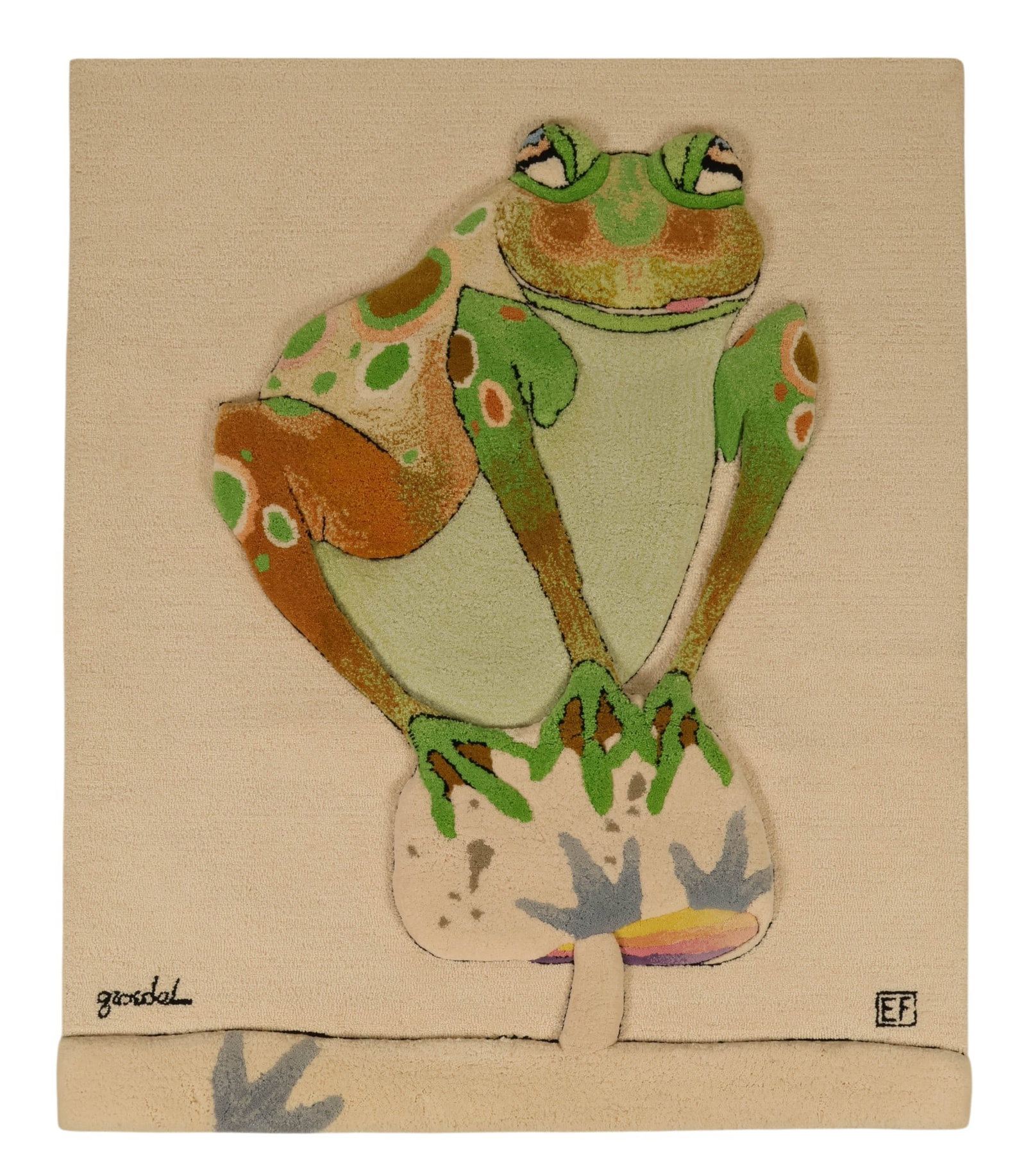 Edward Fields "Frog Prince" Hand Tufted Wool Rug: Burt Groedel (American, 1937-1988) for Edward Fields, hand-tufted wool tapestry or area carpet titled Frog Prince, featuring a stylized figural frog rendered in soft tones of green, brown, lavender, p