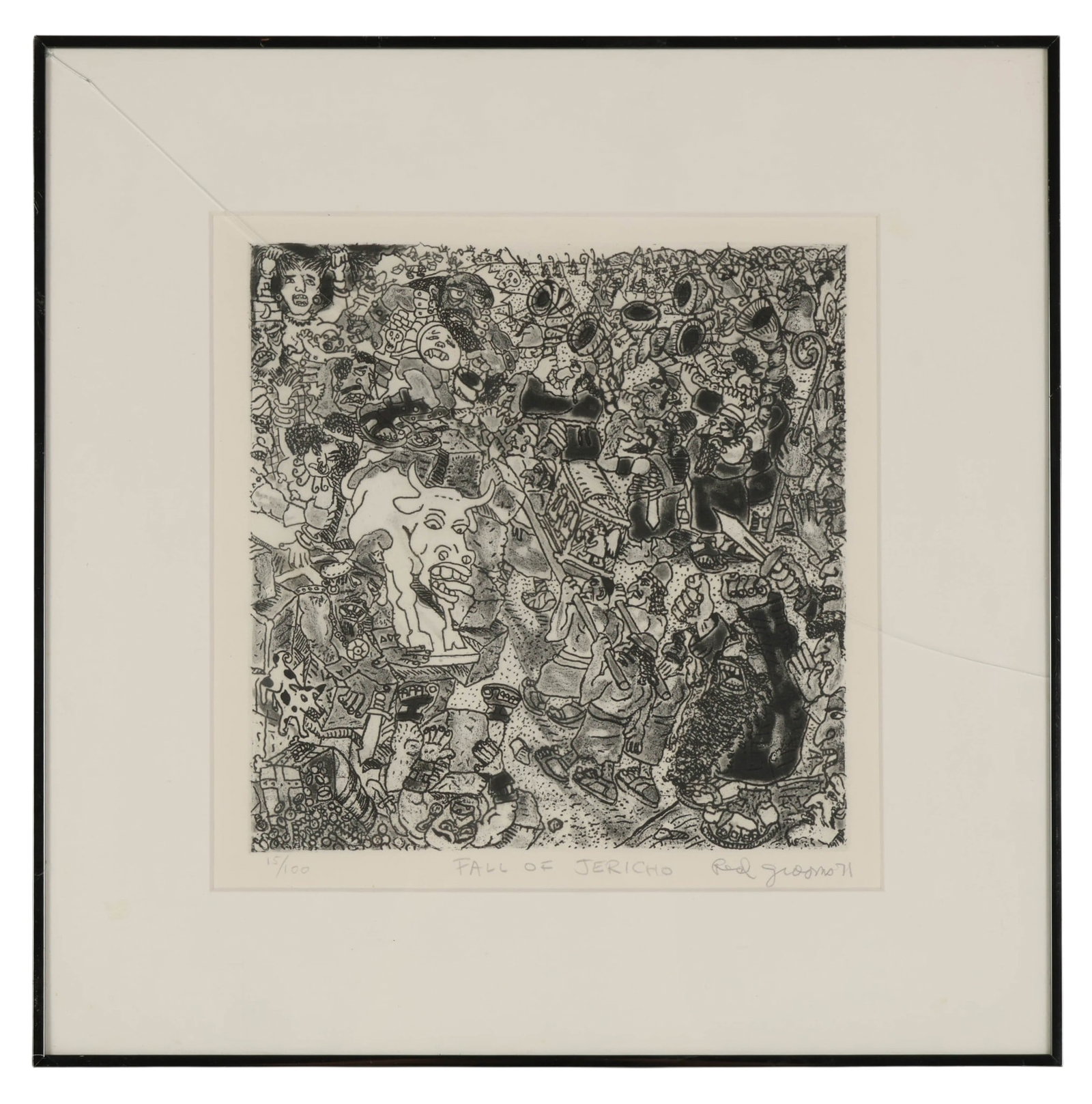 Red Grooms b.1937 Fall of Jericho Etching SIGNED: Red Grooms (American, born 1937), Fall of Jericho, 1971, etching and aquatint on paper. The composition presents a dynamic monotone scene depicting expressive figures with intricate linework and energ