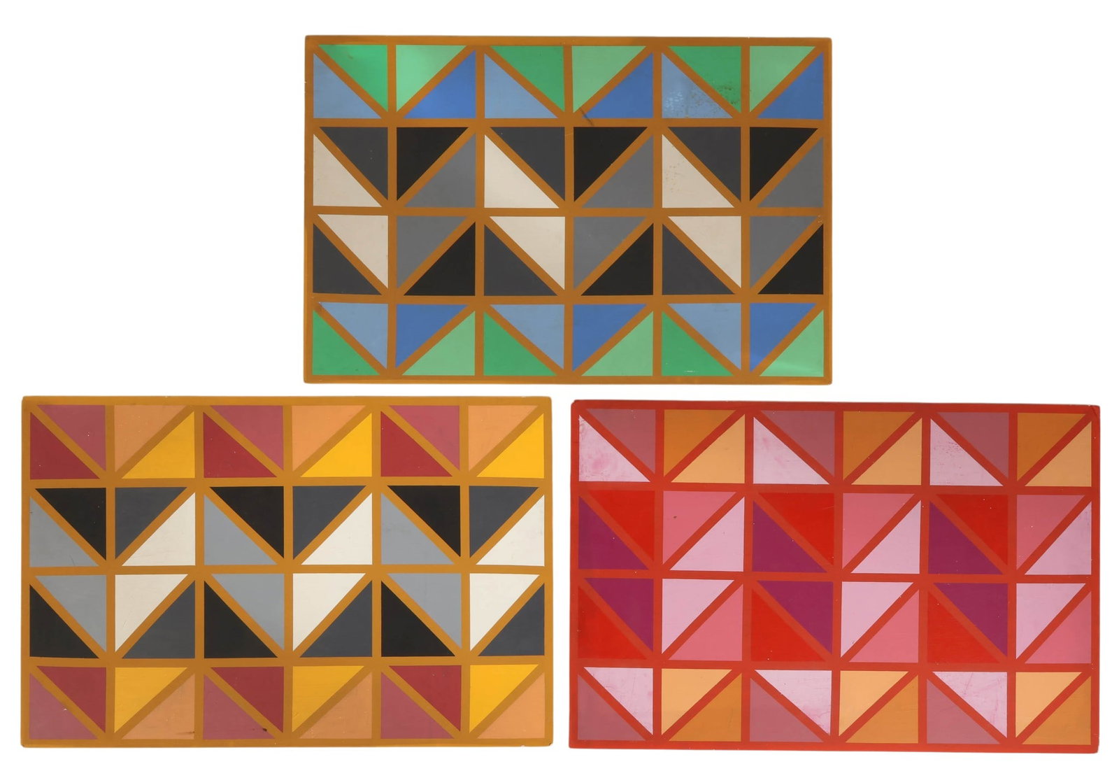 Howard Conant 1921-2011 Geometric Painting 3pc LOT: Howard Conant (American, 1921- 2011), lot of three geometric abstract acrylic paintings on stock board paper, each from the artists Chevron Series. The works feature bold compositions of repeating tri