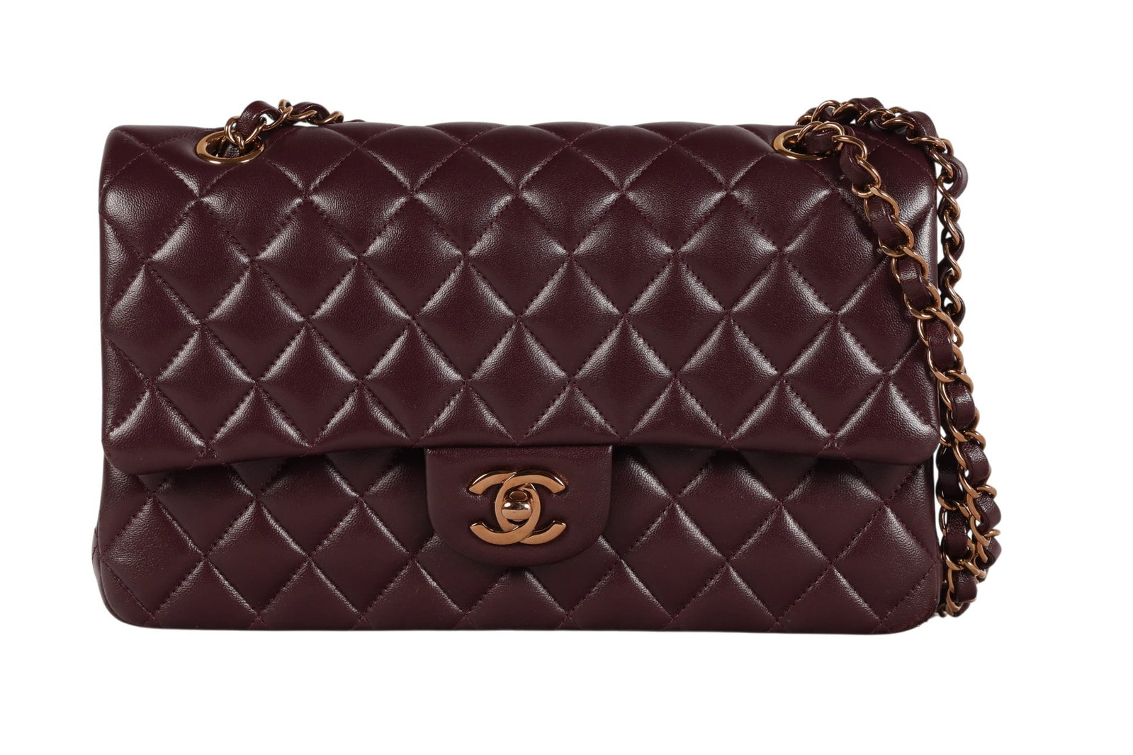 Chanel Classic Double Flap Burgundy Quilted Bag: Chanel Classic Double Flap shoulder bag crafted in rare deep Bordeaux burgundy quilted caviar leather with gold-tone hardware and the signature interlocking CC turn-lock closure. The bag features a