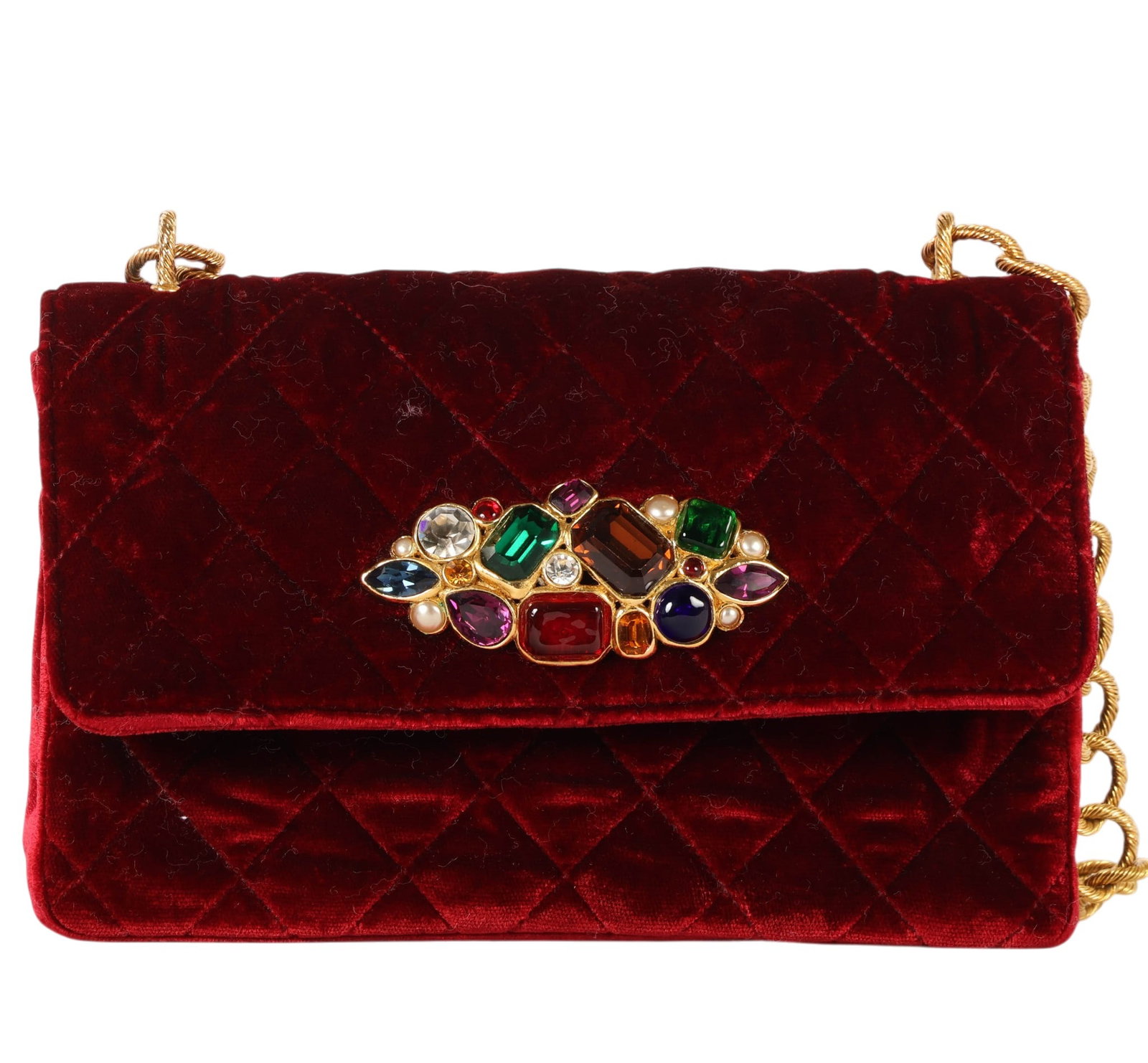 Chanel Vintage Red Quilted Velvet Gripoix Handbag: Vintage Chanel quilted red velvet evening handbag featuring a multicolor Gripoix jeweled clasp and a gold-tone chain strap. The interior is lined in burgundy leather and retains Chanel marking and ser