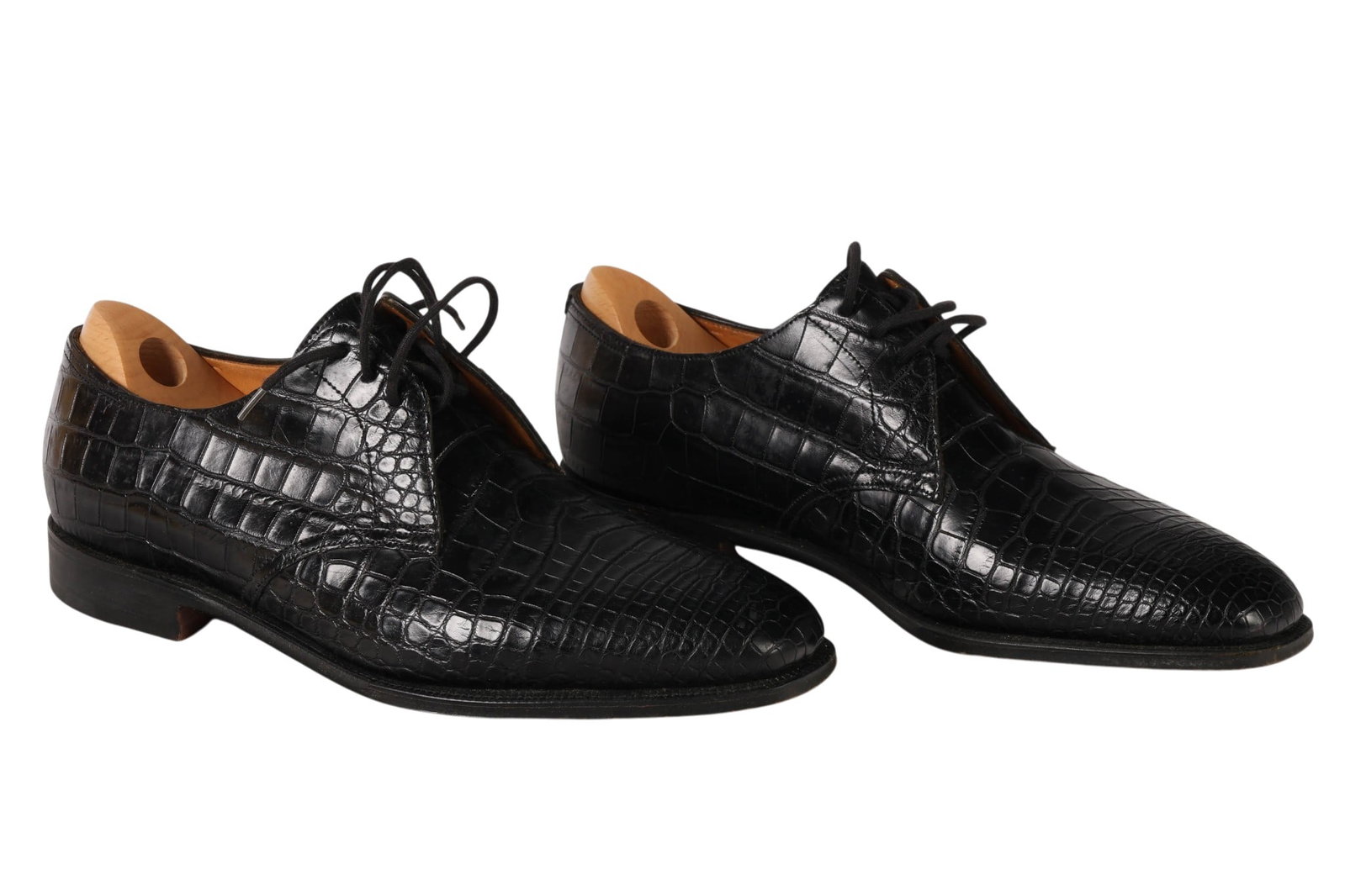 John Lobb Mens Black Crocodile Leather Dress Shoes: Pair of John Lobb black crocodile leather dress shoes featuring a sleek lace-up oxford form with elongated square toes and stacked heels. The shoes are crafted in richly textured exotic leather with
