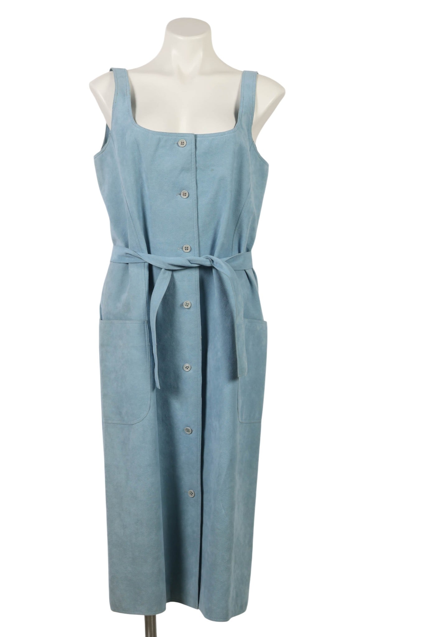 Halston Vintage Ultra Suede Sleeveless Shirt Dress: Halston vintage sleeveless shirtwaist dress rendered in light blue Ultrasuede fabric. The design features a button-front closure, wide shoulder straps, self-tie waist belt, and large front patch