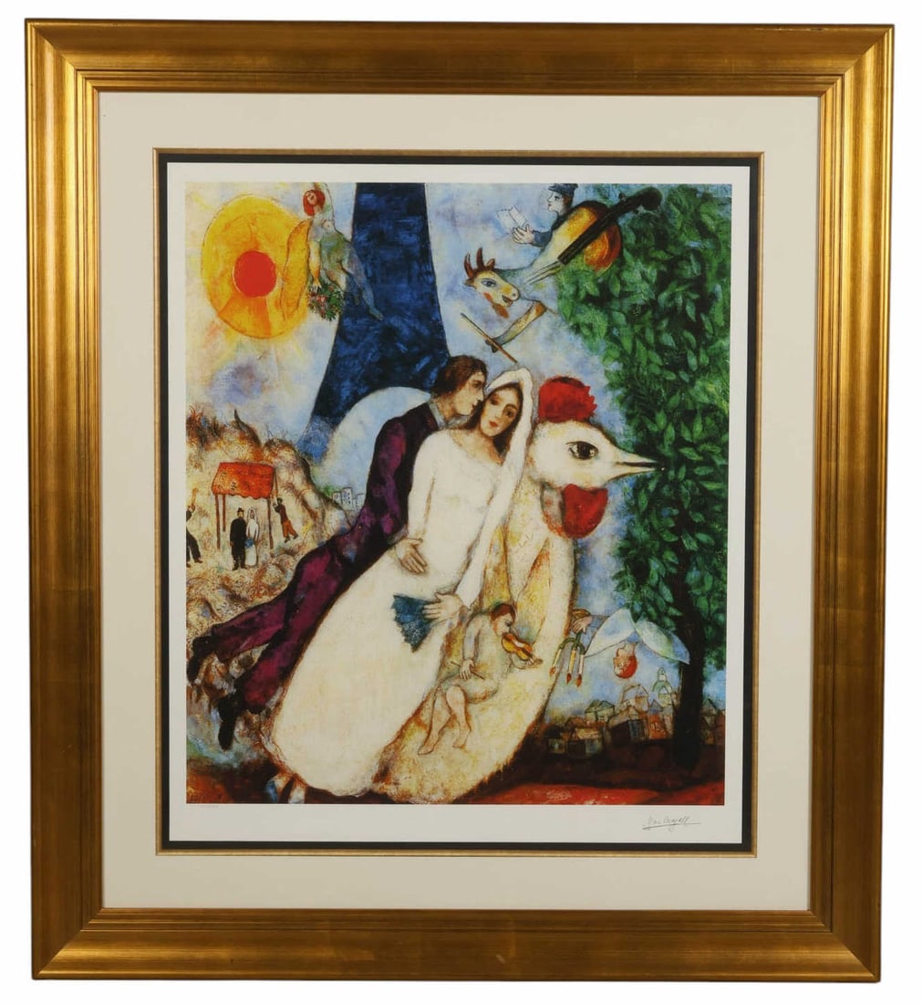 Marc Chagall 1887-1985 Bride & Groom LE Lithograph: Marc Chagall (Russian-French, 1887-1985), Bride and Groom, color lithograph on paper featuring a whimsical romantic scene with floating figures, symbolic animals, and vibrant, dreamlike imagery charac