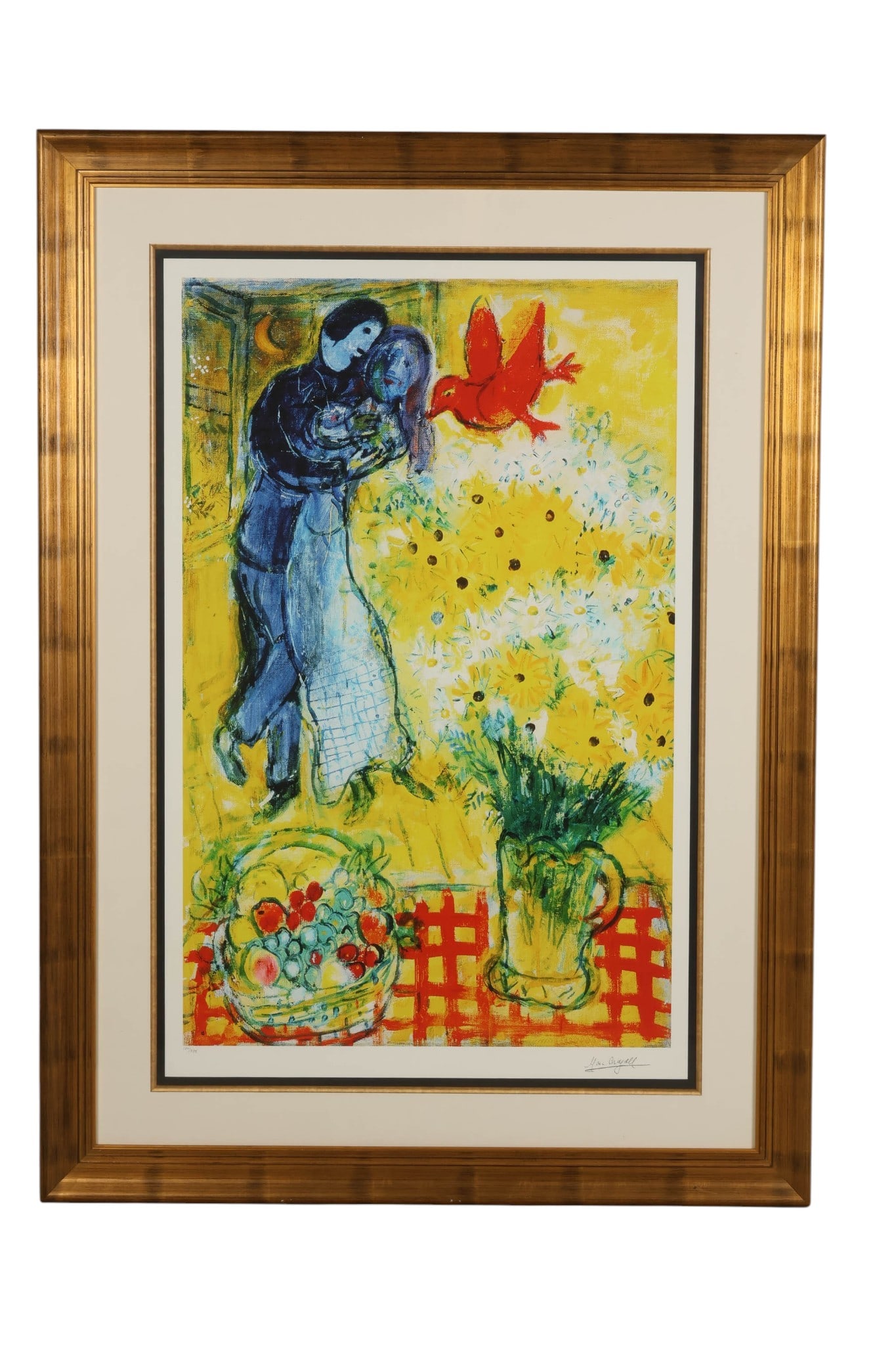 Marc Chagall 1887-1985 Lovers and Daisies LE Litho: Marc Chagall (Russian-French, 1887-1985), Lovers and Daisies, color lithograph on paper depicting a romantic embracing couple set against a vibrant yellow ground, accompanied by a bouquet of daisies a