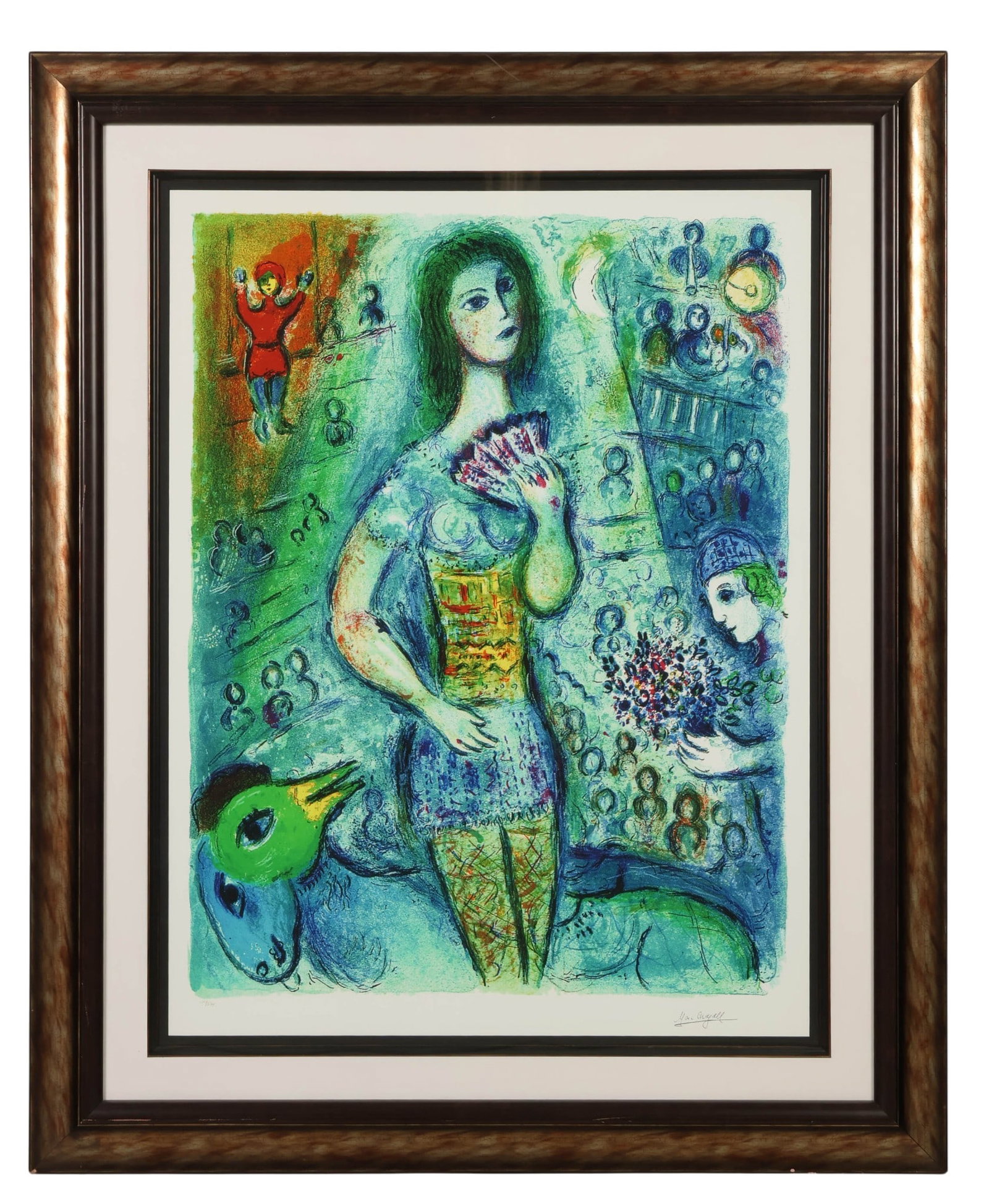 Marc Chagall 1887-1985 Circus Fan Dancer LE Litho: Marc Chagall (Russian-French, 1887-1985), Circus Fan Dancer, color lithograph on paper depicting a stylized female performer holding a fan within a whimsical circus setting filled with musicians, figu