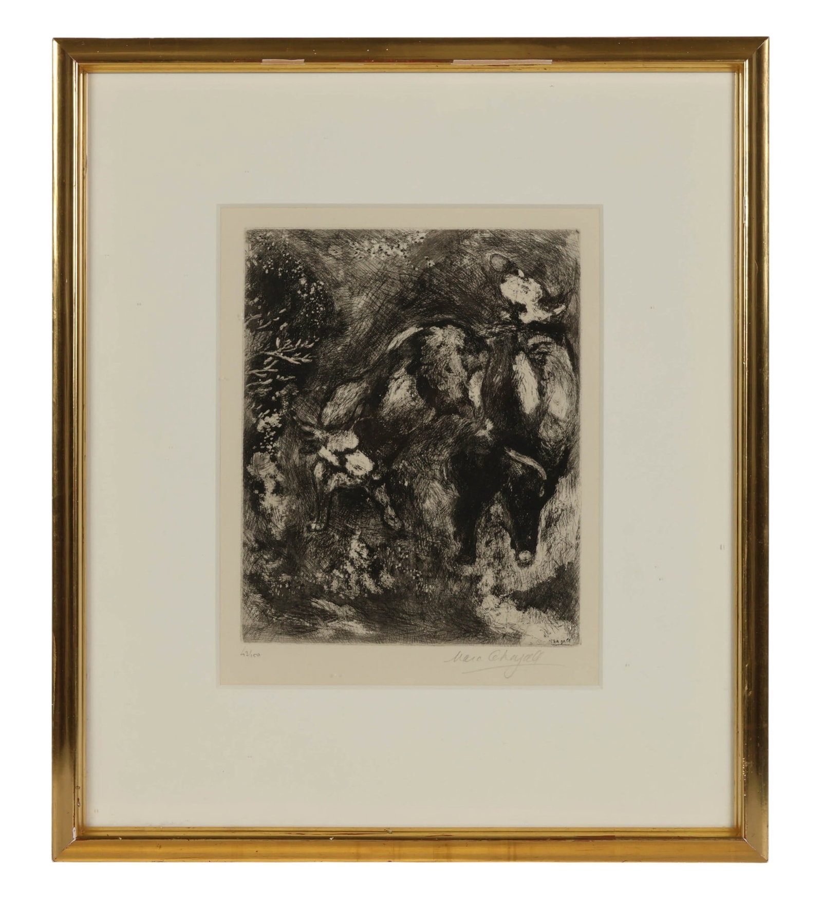 Chagall 1887-1985 The Bull & Frog Engraving SIGNED: Marc Chagall (French-Russian, 1887-1985), Les Deux Taureaux et une Grenouille (The Two Bulls and the Frog), engraving on paper depicting intertwined animal forms rendered in the artists signature drea