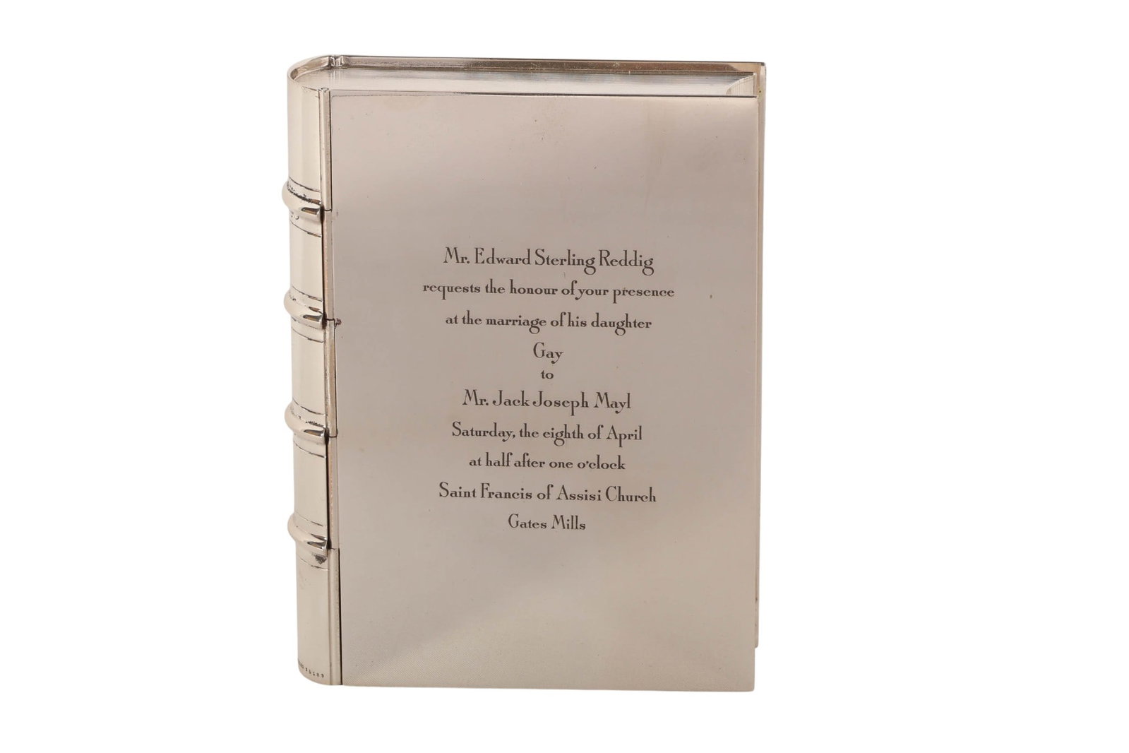 Tiffany & Co. Sterling Silver Engraved Box 575gr.: Tiffany & Co. sterling silver book form box featuring details resembling a bound book design with engraved presentation inscription to the cover reading "Mr. Edward Sterling Reddig requests the honour