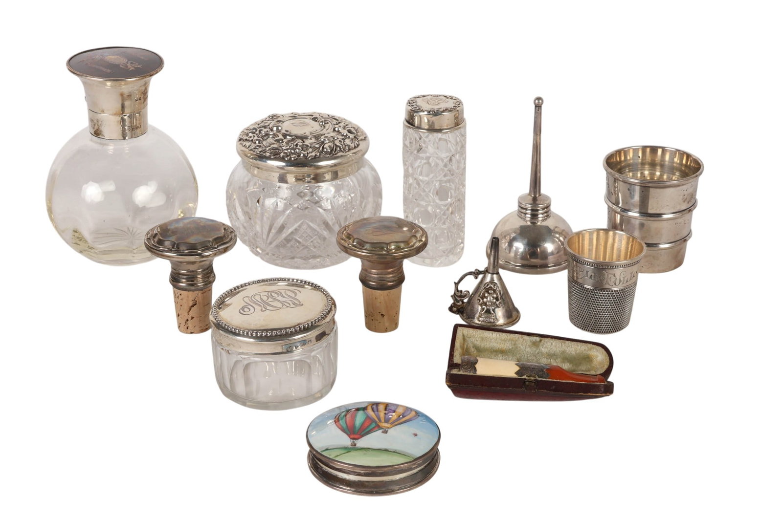 Sterling Silver Serving and Vanity Items 12pc. LOT: Estate collection of twelve sterling silver and decorative vanity items including a Tiffany & Co. sterling silver vermouth dropper fashioned in the form of a vintage oil can, a Gorham sterling silver 