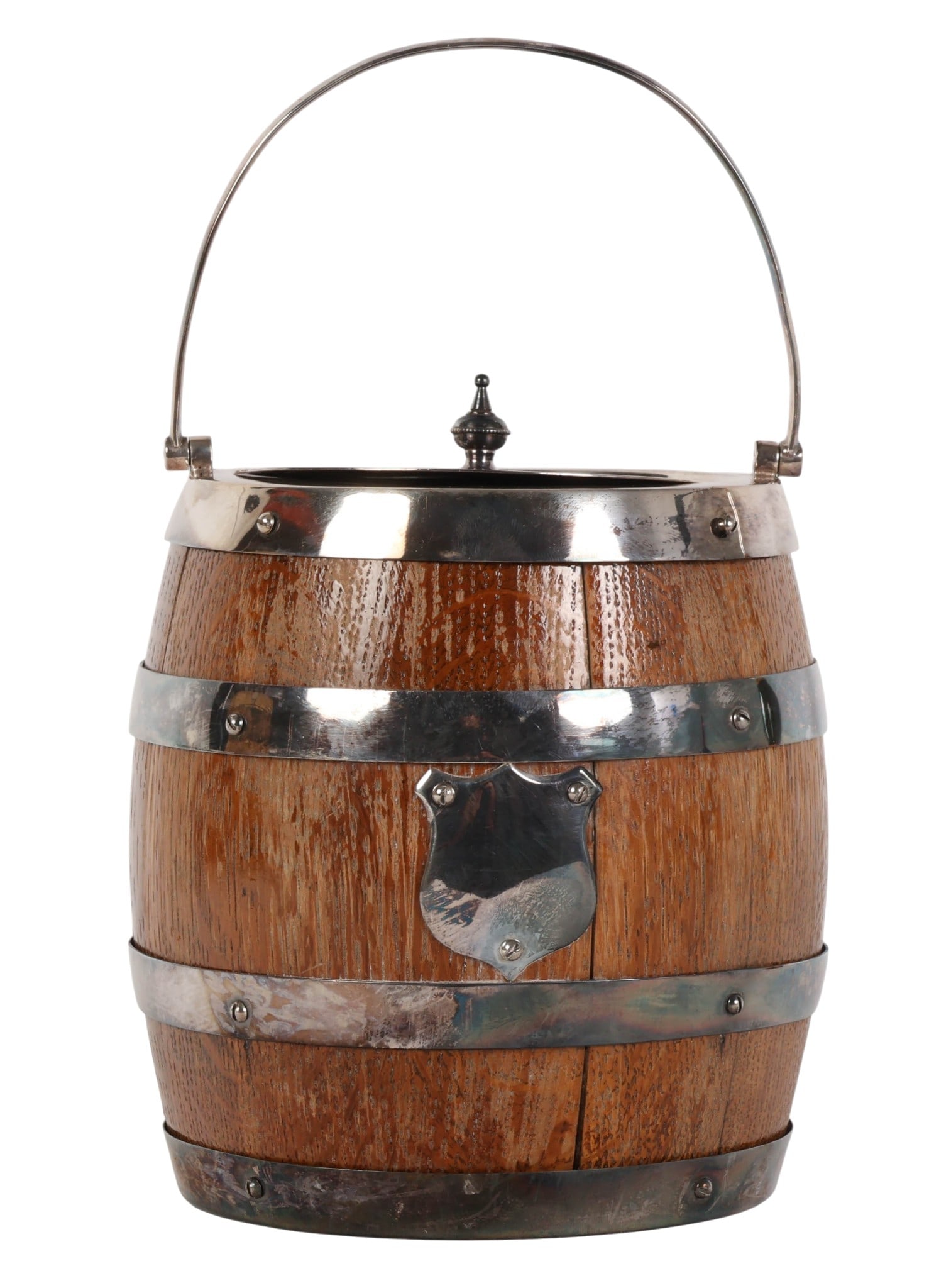 Antique Silver Plated Barrel Ice & Biscuit Bucket: Vintage silver plated ice biscuit bucket featuring a barrel-form body with wood panel exterior, silver-tone banding, swing handle, fitted lid, and white ceramic insulated interior. The underside of