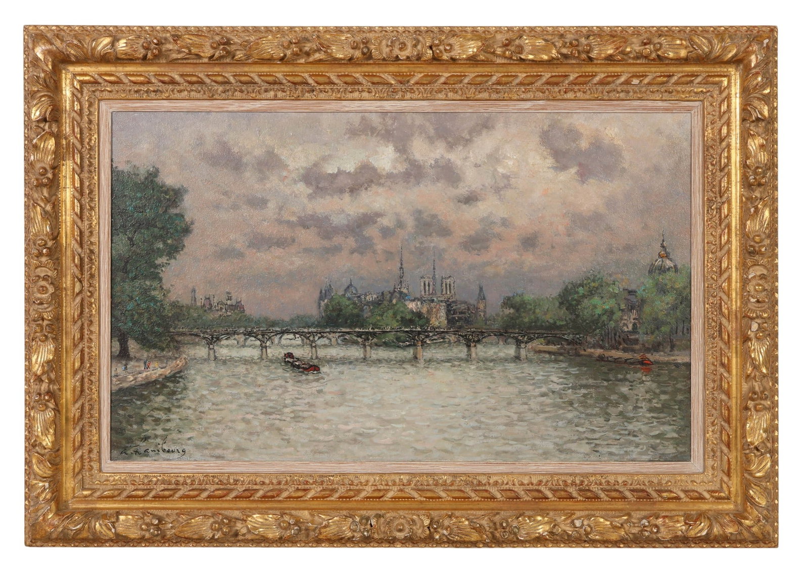 Andre Hambourg 1909-1999 Bridge of Arts Painting: Andre Hambourg (French, 1909-1999), Le Pont des Arts, oil painting on canvas depicting an atmospheric Parisian river view with the Pont des Arts bridge spanning the Seine beneath a cloudy sky. Notre-D