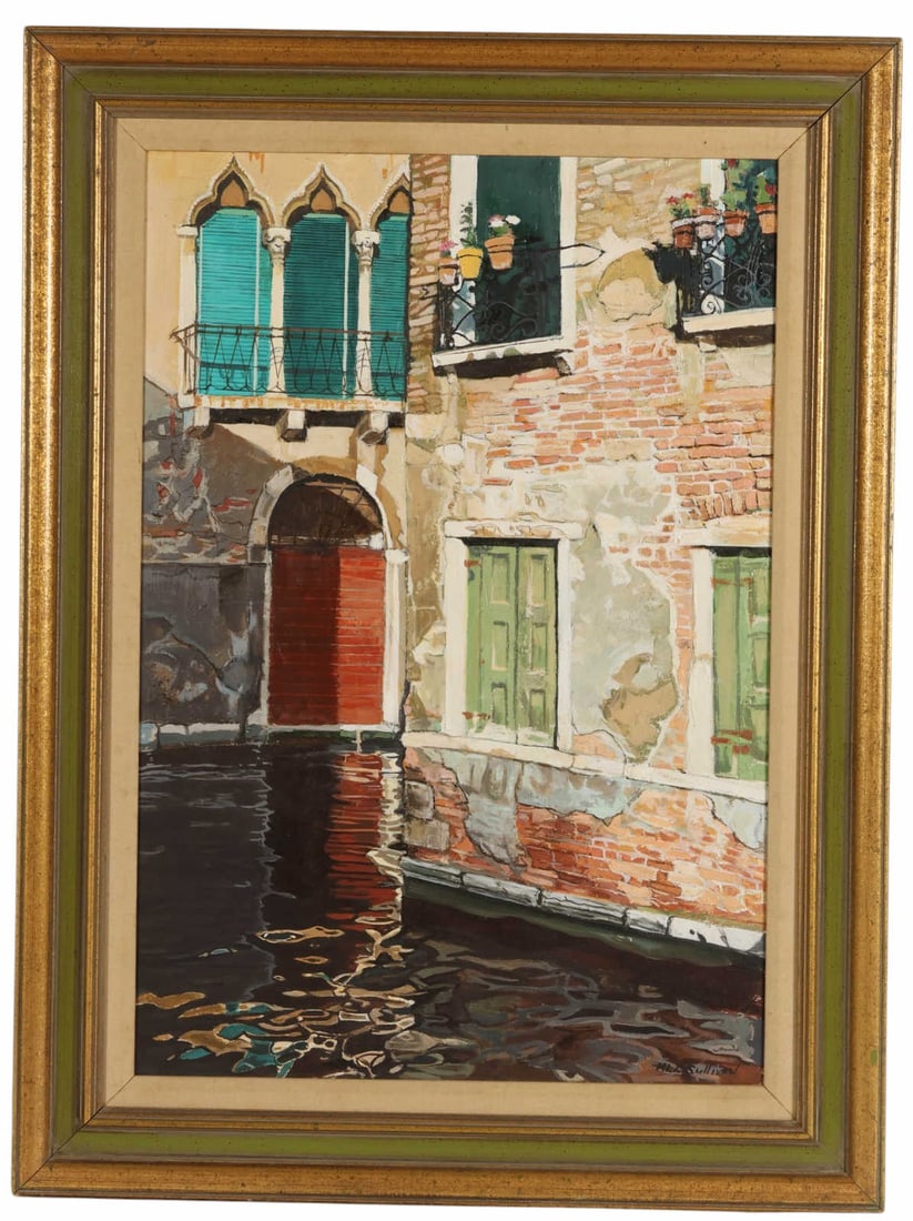 Mary Louise O'Sullivan 20C Venetian Canal Painting: Marion Louise OSullivan (American, 20th century), Venetian canal scene, oil on canvas, depicting a quiet architectural view of a weathered facade with arched windows, green shutters, and a small