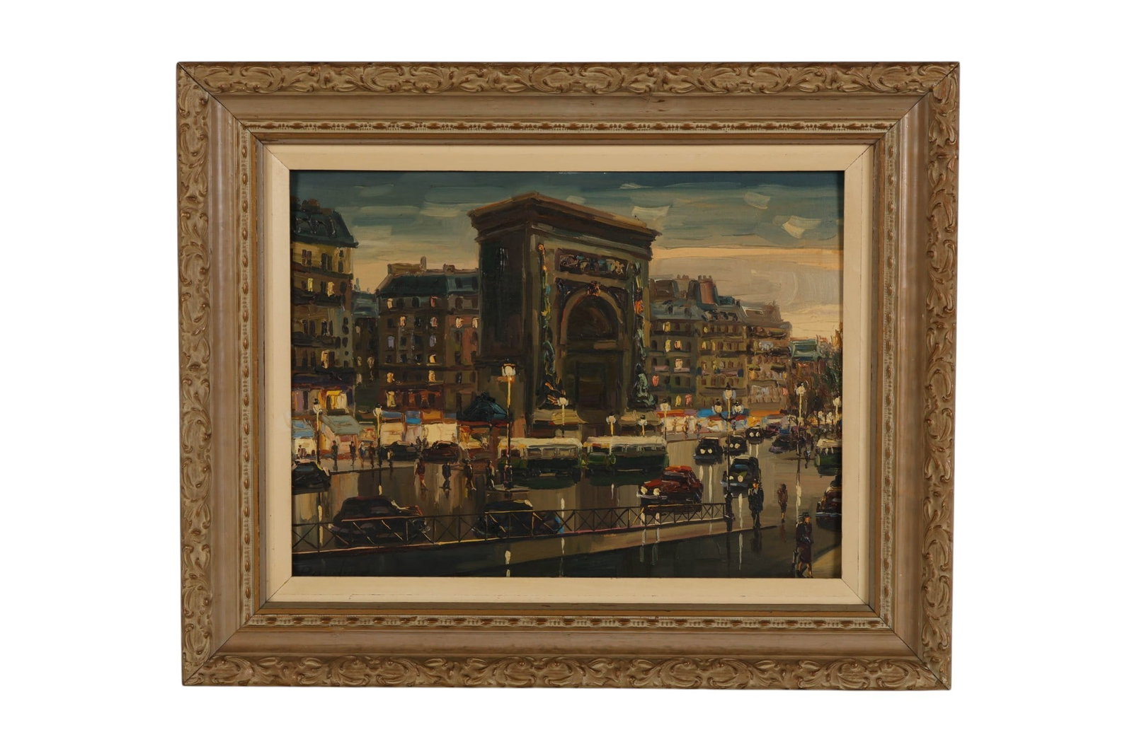 Jack Prudnik 1914- Parisian Street Scene Painting: Jack Prudnik (American, 1914- ), oil on canvas board depicting a Paris street scene centered on the Arc de Triomphe with figures, automobiles, and buildings. The work is signed lower left and bears a