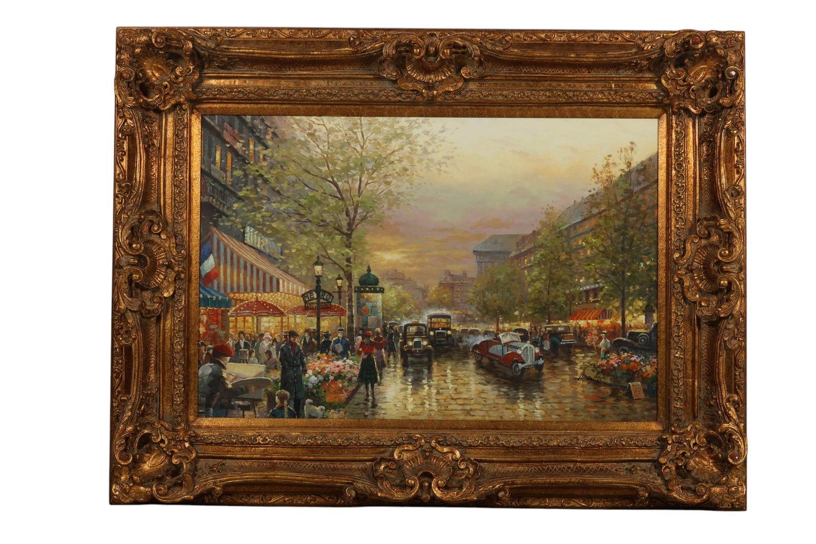Bustling Parisian Boulevard Oil Painting SIGNED: Oil painting on canvas depicting a Parisian street scene with cafes, figures, and early automobiles beneath a soft evening sky. The composition captures a classic European city atmosphere, rendered