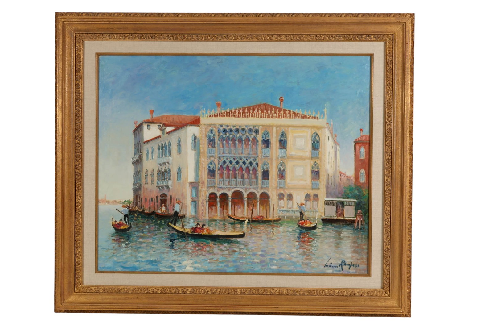 Luciano Rampaso b 1936 Venice Canal Scene Painting: Luciano Rampaso (Italian, born 1936), Venetian canal scene, oil on canvas, depicting a grand palazzo with Gothic architectural details along the waterfront, animated by gondolas and figures
