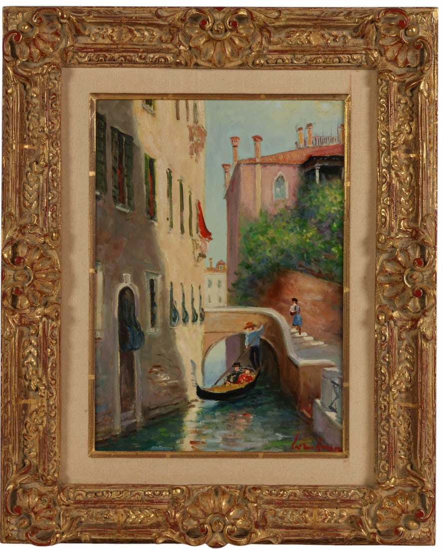 Luciano Rampaso b.1936 Venetian Canal Oil Painting: Luciano Rampaso (Italian, born 1936), Venetian canal scene, oil on canvas, depicting a narrow canal with a gondola passing beneath a small arched bridge, accompanied by figures along the walkway and