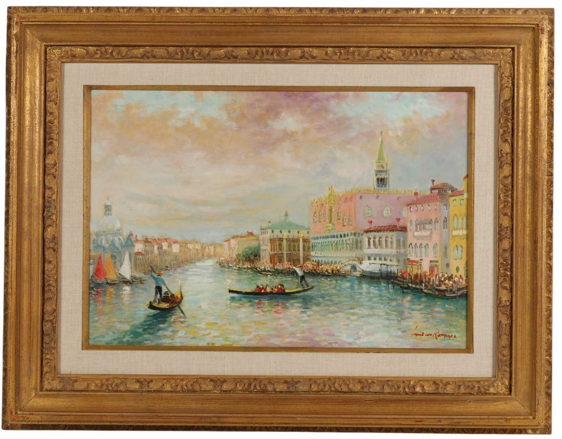 Luciano Rampaso b.1936 Grande Canal Scene Painting: Luciano Rampaso (Italian, born 1936), Venetian canal scene, oil on canvas, depicting an animated view of the Grand Canal with gondoliers, sailing vessels, and prominent Venetian architecture