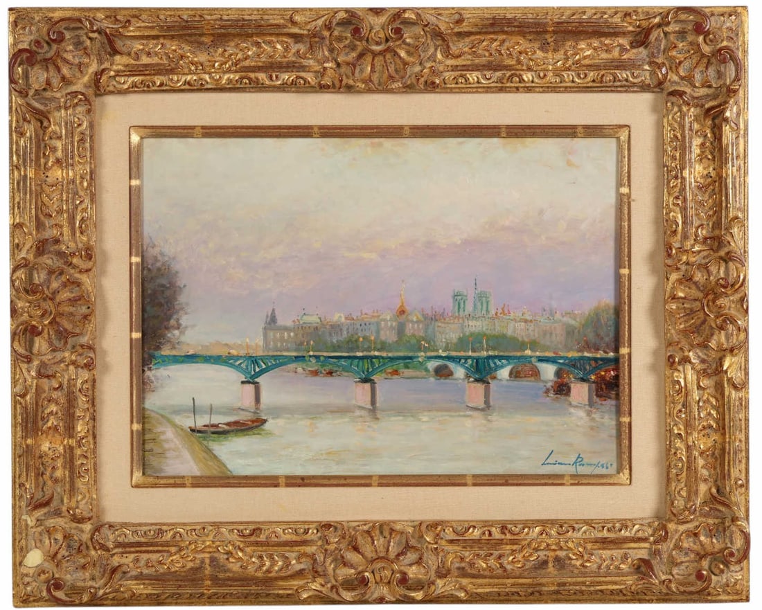 Luciano Rampaso b.1936 Lille De La Cite Painting: Luciano Rampaso (Italian, born 1936), Llle de la Cite, oil on canvas, depicting a Parisian riverscape with a multi-arched bridge spanning the Seine and the skyline of yle de la Cite beyond, rendered