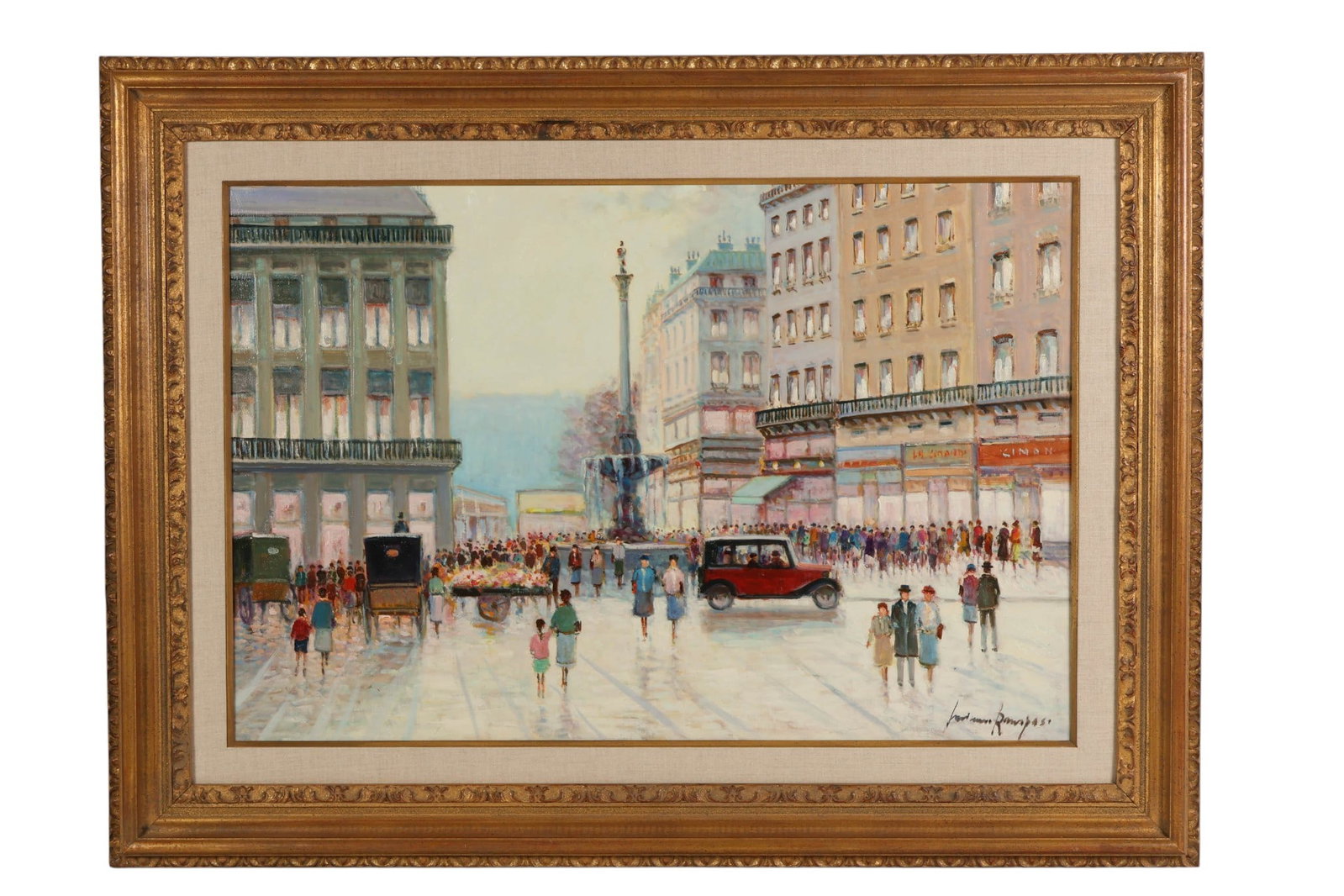 Luciano Rampaso b.1936 City Square Scene Painting: Luciano Rampaso (Italian, born 1936),oil on canvas Parisian street scene painting depicting a bustling city square with figures, horse-drawn carriage, and early automobile, centered around a column