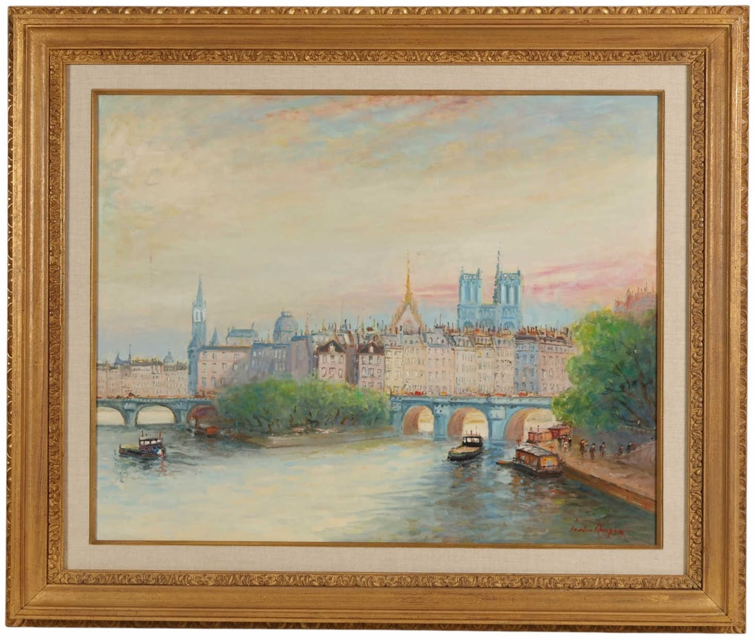 Luciano Rampaso b 1936 Ile De La Cite Oil Painting: Luciano Rampaso (France/Italy, born 1936) oil on canvas painting titled Ile De La Cite, depicting a Parisian cityscape with the Seine River, bridges, and architectural landmarks including Notre Dame