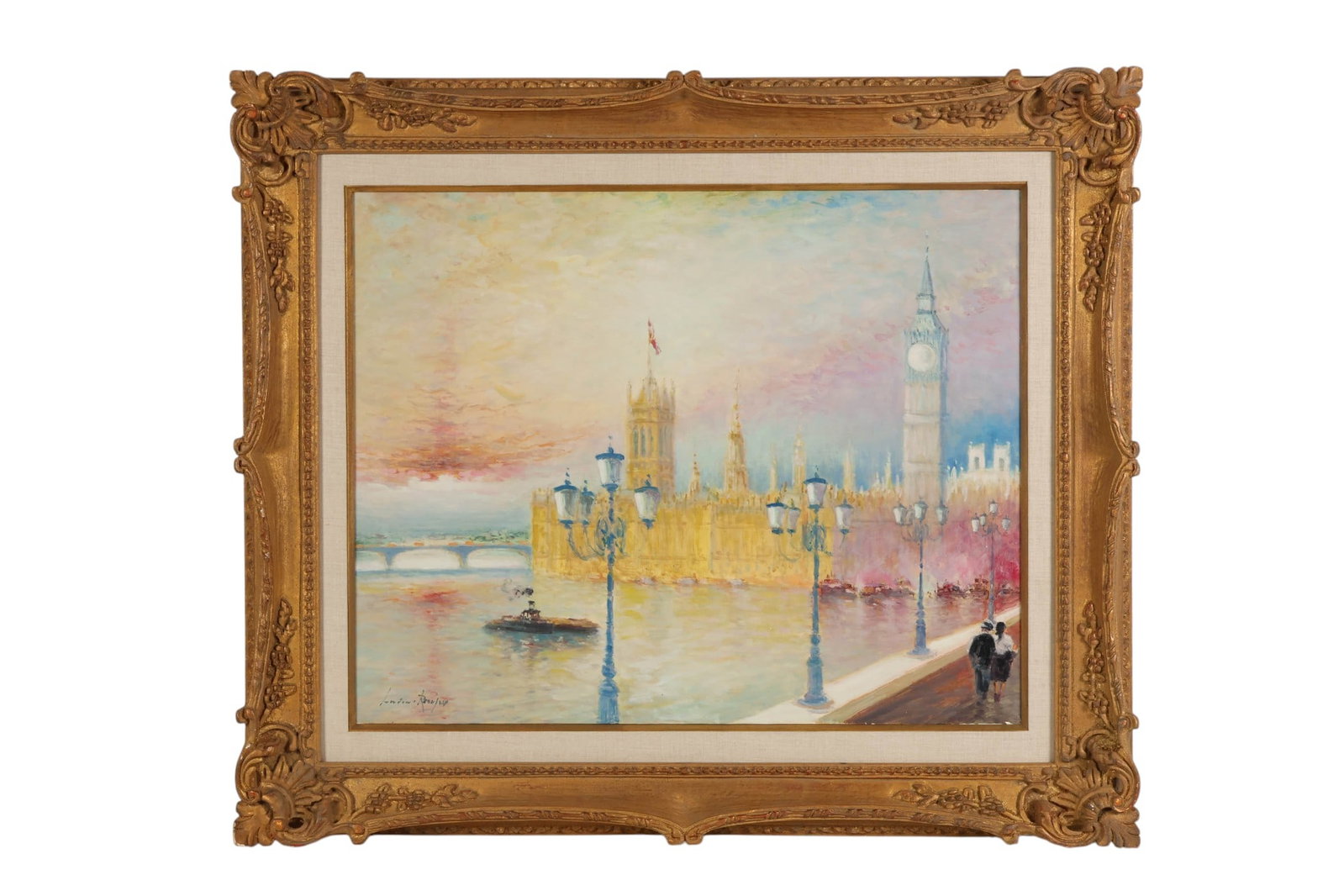 Luciano Rampaso b 1936 London Landscape Painting: Luciano Rampaso (France/Italy, born 1936) oil on canvas painting depicting a London view of Big Ben and the Houses of Parliament along the Thames River. The composition features a softly atmospheric
