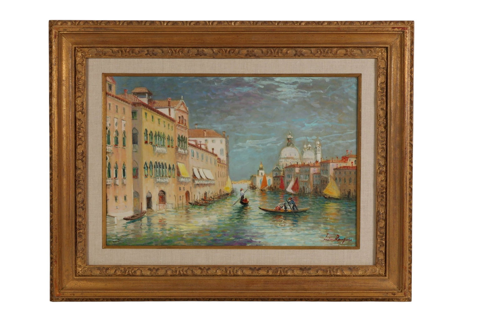 Luciano Rampaso b.1936 Venetian Canal Oil Painting: Luciano Rampaso (Italian, born 1936), Venetian canal scene depicting gondoliers navigating a lively waterway lined with historic architecture, with colorful sails and the domed silhouette of Santa