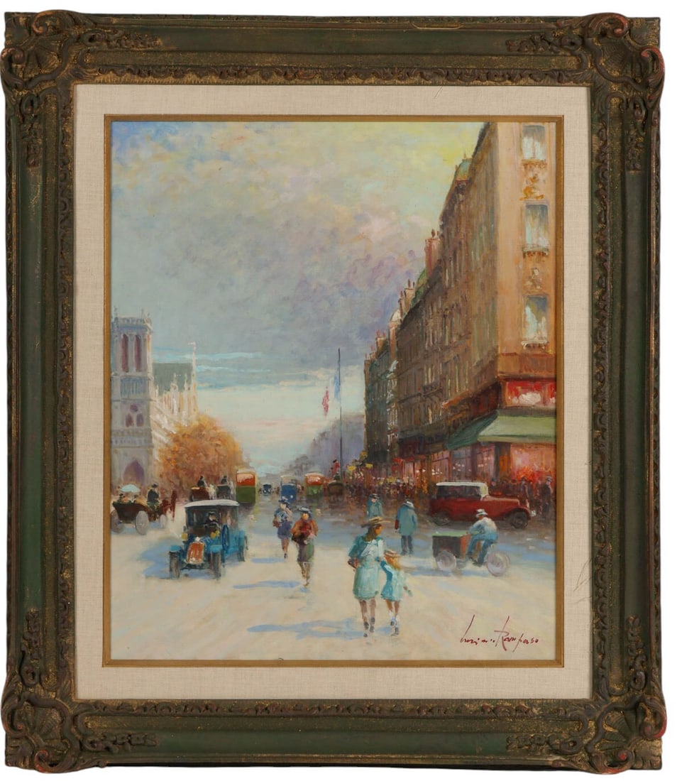 Luciano Rampaso b.1936 Parisian Street Painting: Luciano Rampaso (Italian, born 1936), Parisian street scene depicting a lively boulevard with figures, early automobiles, and Notre Dame Cathedral visible in the background. The composition is