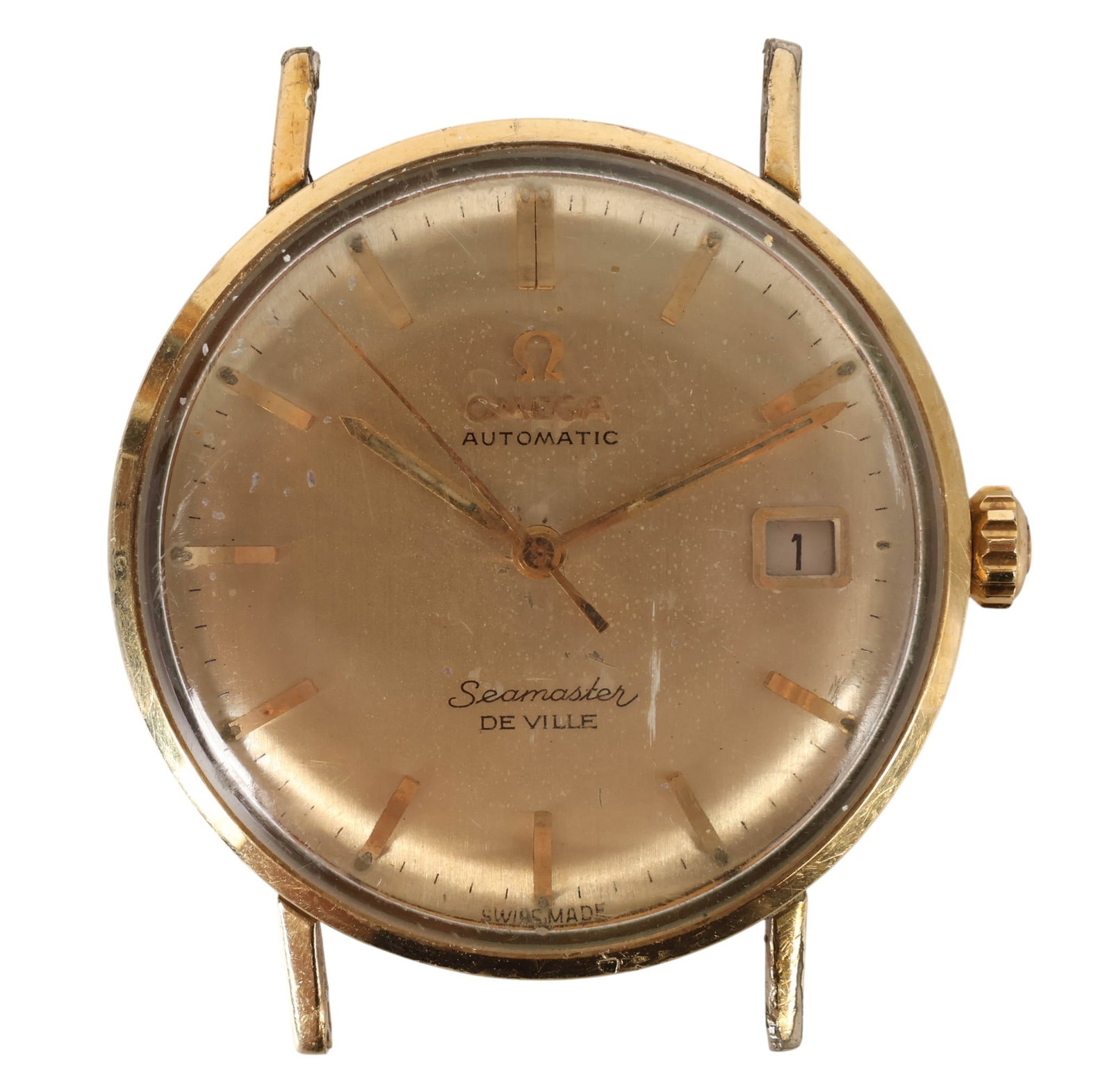 Omega Seamaster Deville Vintage Gold Filled Watch: Omega Seamaster De Ville automatic wristwatch featuring a gold filled case with silver-tone dial, applied baton hour markers, central seconds hand, and date aperture at the 3 oclock position. Dial sig