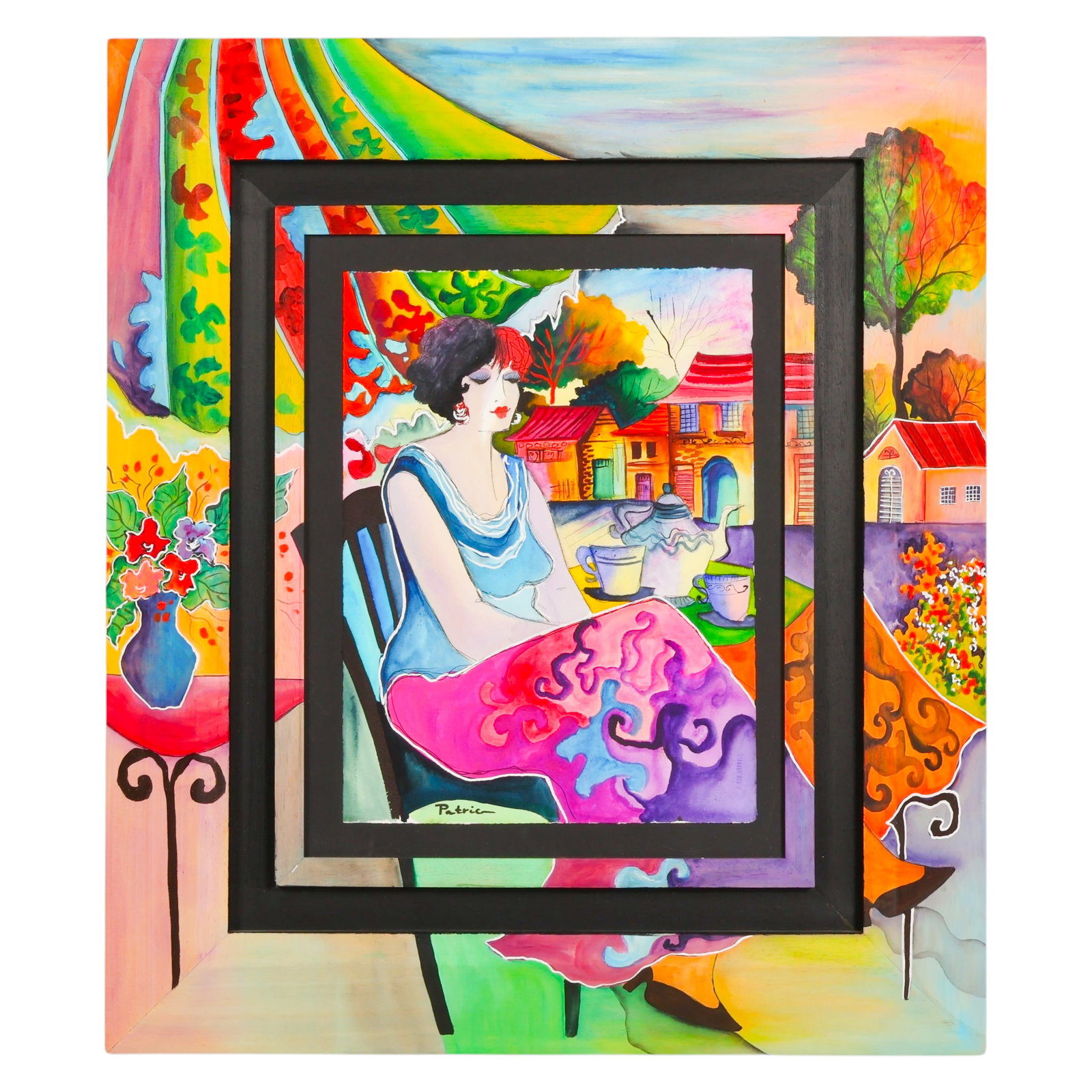 Patricia Govezensky b.1961 Embellished Frame Work: Patricia Govezensky (Israeli, born 1961), Susan, watercolor and acrylic painting on paper and wood depicting a stylized female figure seated at a table within a village cafe setting. The composition i