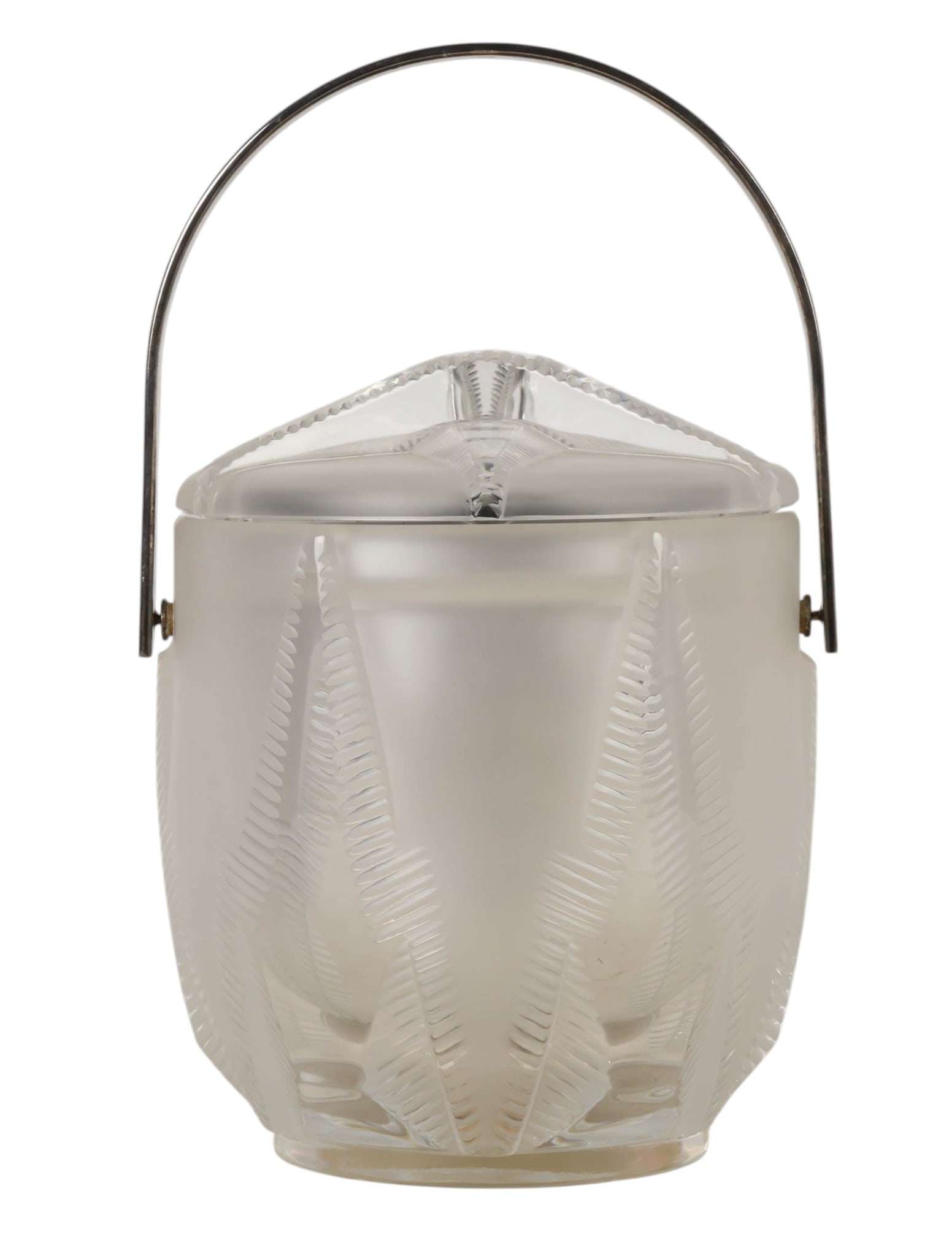 Lalique France Rhodes Swing Handle Ice Bucket: Lalique France crystal ice bucket in the Rhodes pattern, featuring a cylindrical frosted body with vertical ribbed and geometric decoration. The form is fitted with a metal-mounted swing handle and a 