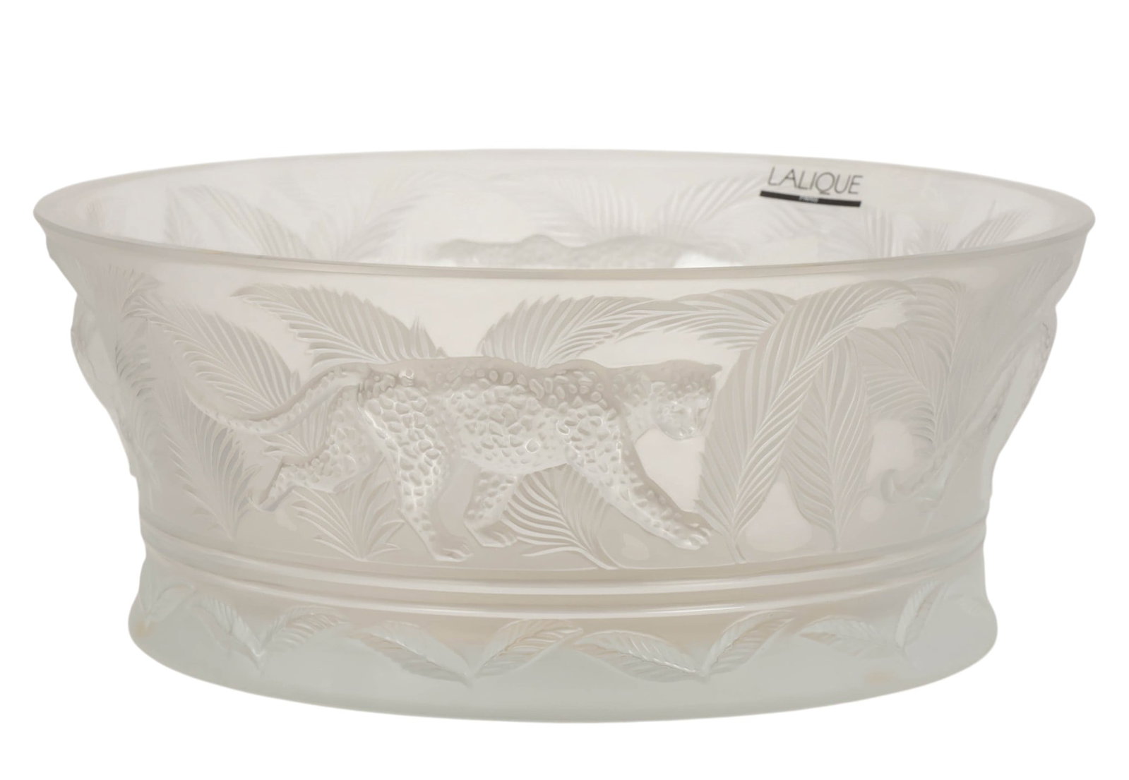 Lalique France Jungle Leopard Cat Centerpiece Bowl: Lalique clear and frosted crystal bowl in the Jungle pattern, featuring a wide circular form with a thick rim and stepped base. The exterior and interior are decorated with finely detailed relief carv