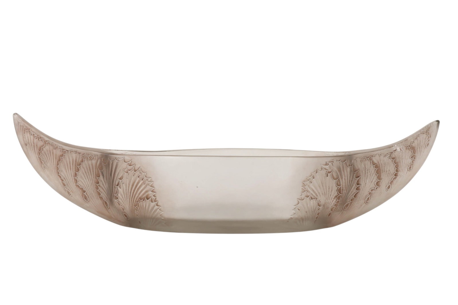 Lalique Antique French Glass Acanthus Jardiniere: Lalique France, frosted art glass jardiniere in the Acanthes pattern with elongated boat form. Decorated in relief with acanthus leaves in continuous design. Etched Lalique France. Dimensions: 5 X 18.