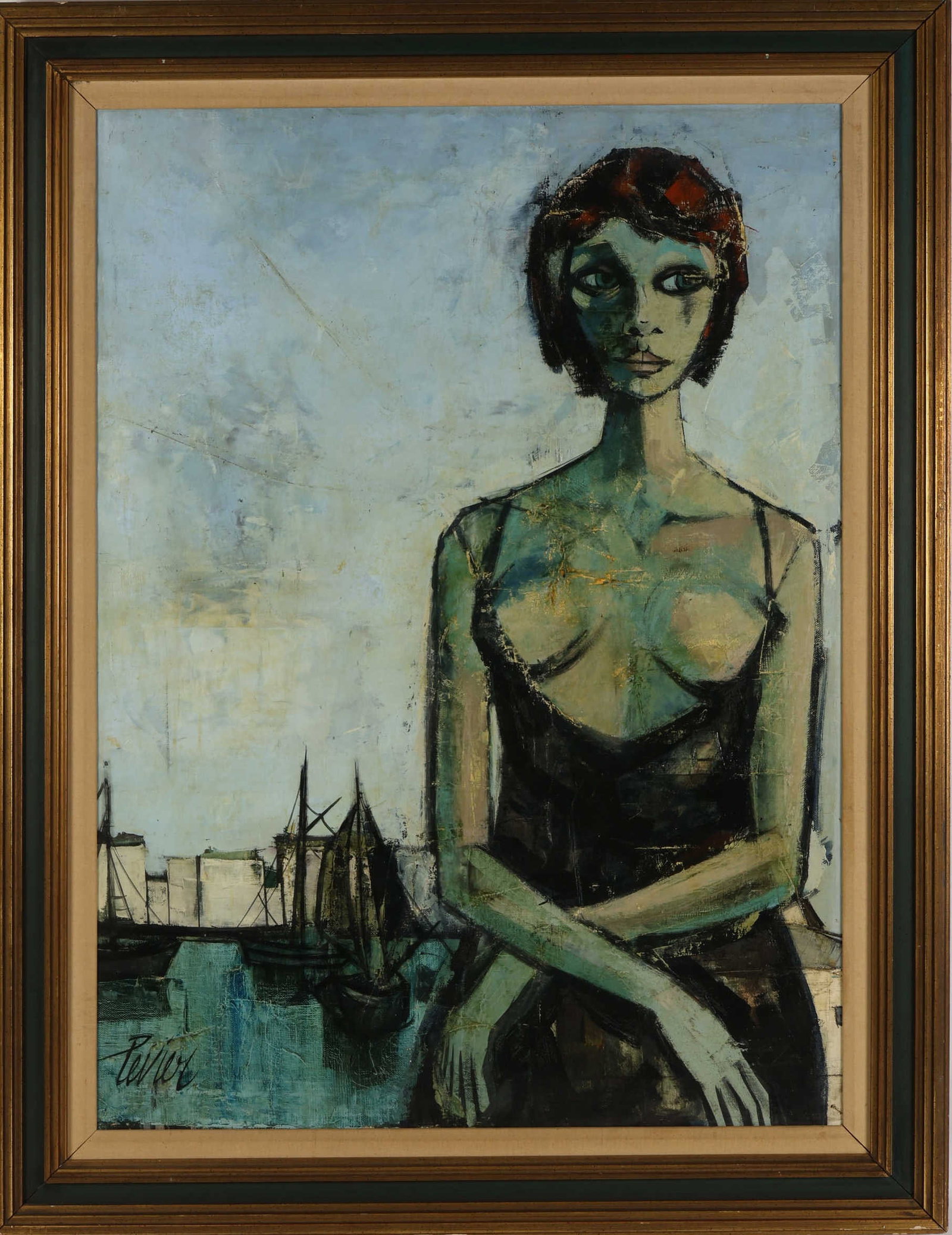 Charles Levier 1920-2003 Chicago Woman Painting: Charles Levier (French, 1920-2004),"Un femme dans le canal a Chicago", oil painting on canvas depicting a female figure in a black dress set against a harbor scene with boats. The work is signed lower