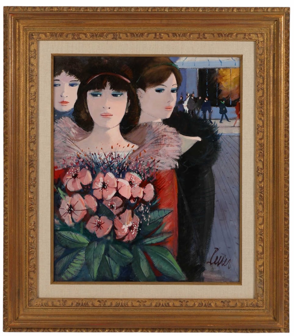 Charles Levier 1920-2003 Promenade Scene Painting: Charles Levier (French,born 1920-2003), Promenade, oil on canvas, depicting three stylized female figures with floral bouquets set against a lively street scene, rendered in the artists characteristic