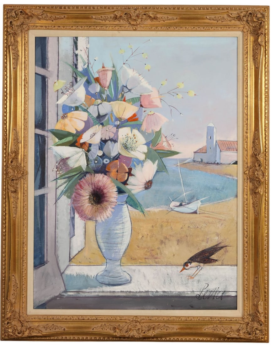 Charles Levier 1920-2003 Ocean Flowers Painting: Charles Levier (French, 1920-2003), Fleurs sur la Mer, oil on canvas, depicting a vibrant still life bouquet in a vase set before a coastal harbor scene with sailboats, architecture, and a bird in the