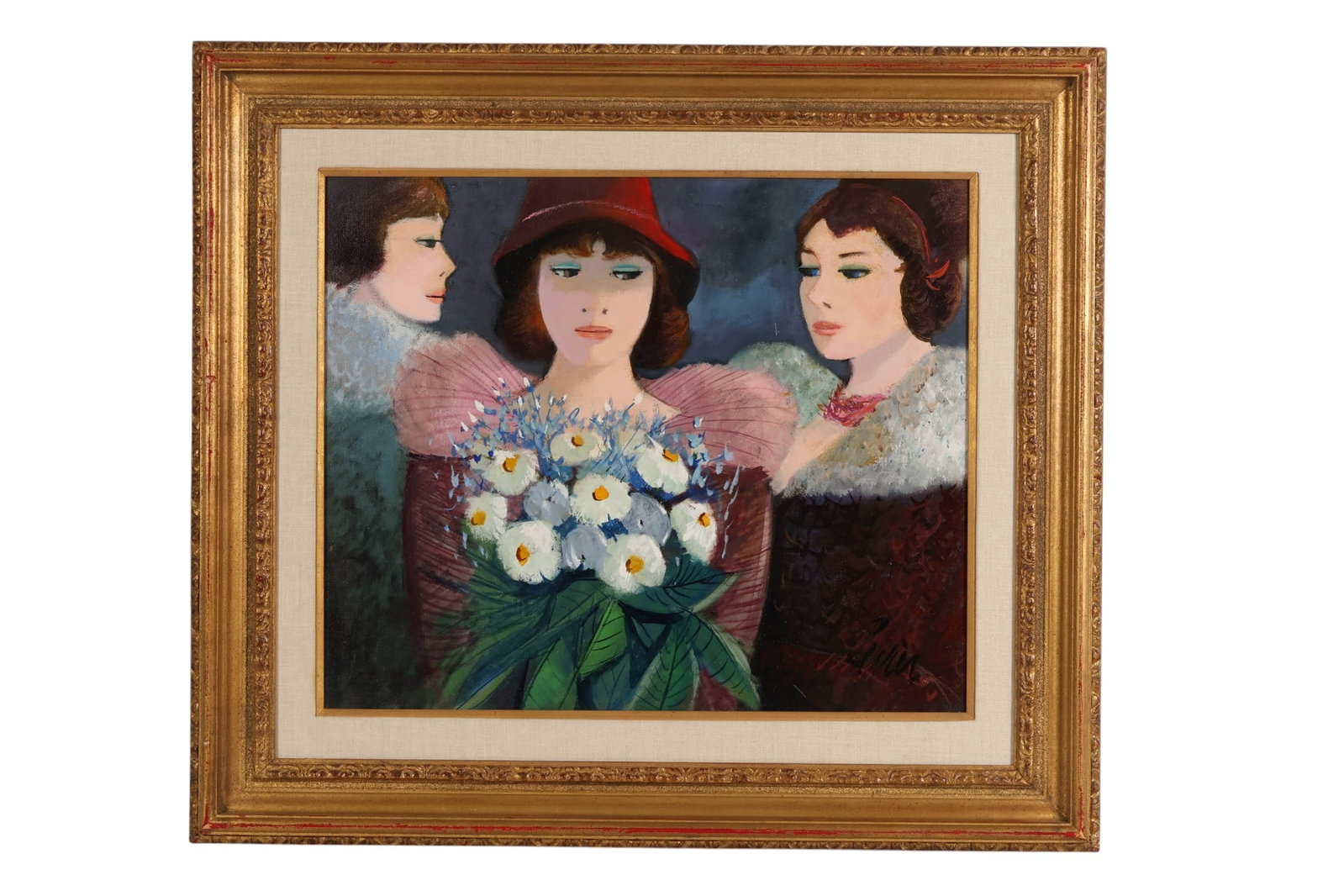 Charles Levier 1920-2003 Three Actresses Painting: Charles Levier (French, 1920-2003), Les Comediennes, oil on canvas, depicting three stylized female figures with delicate features and floral bouquet in the artists signature modernist aesthetic, char