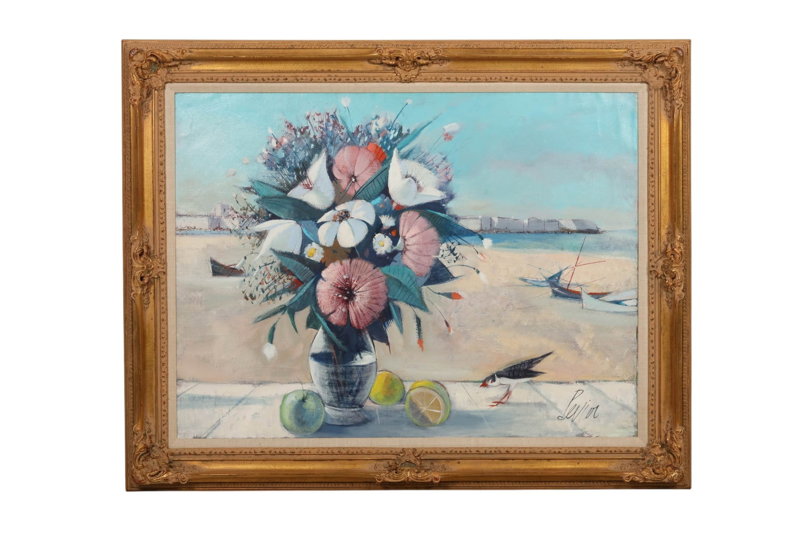 Charles Levier 1920-2003 Wildflower Beach Painting: Charles Levier (French, 1920-2003), Fleurs Sauvages, oil on canvas, depicting a vibrant floral still life in a vase set before a coastal beach scene with boats and shoreline architecture, rendered in 