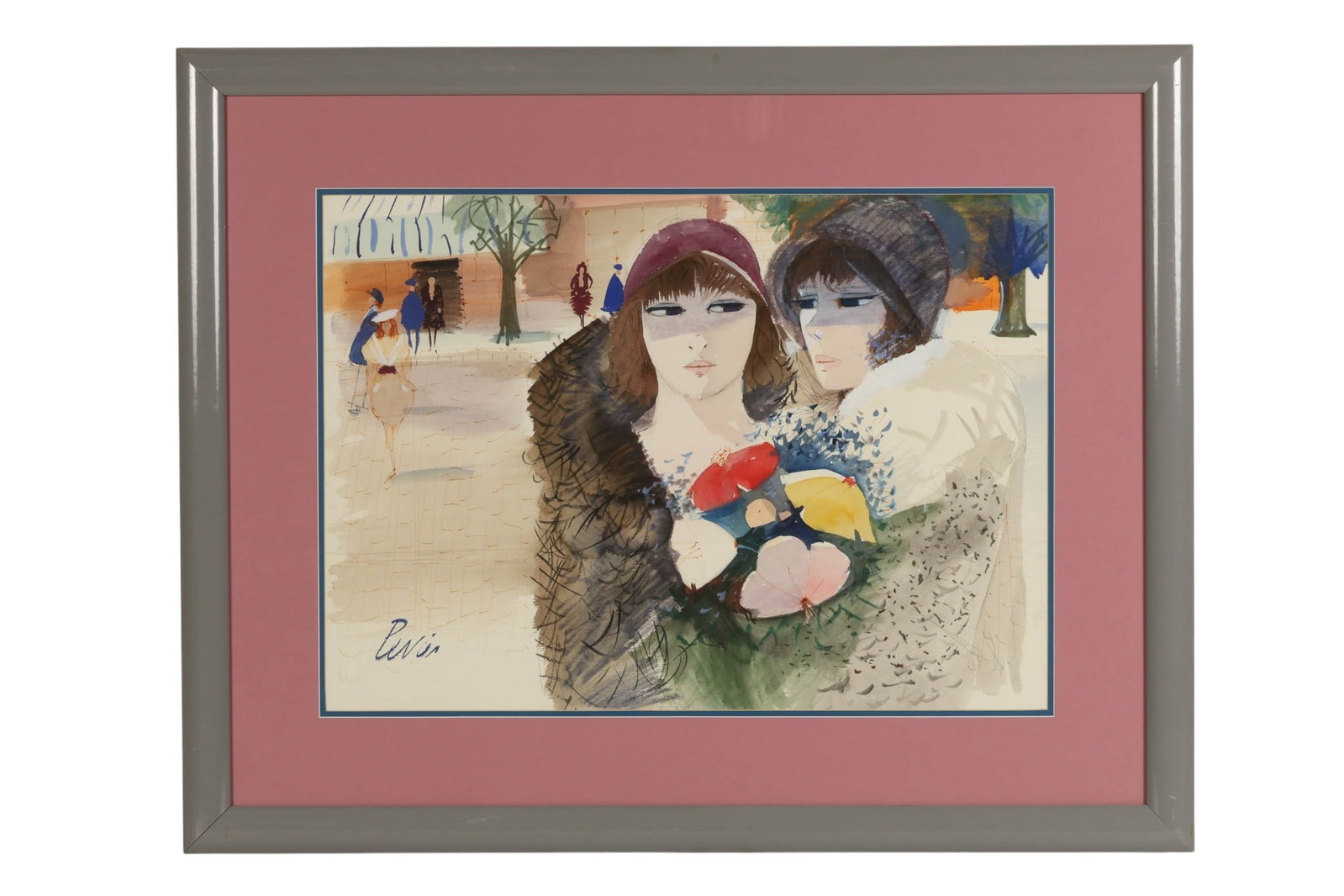 Charles Levier 1920-2003 French Girls Watercolor: Charles Levier (French, 1920-2003), watercolor on paper depicting two stylized female figures in winter attire, rendered in a modernist, fashion-illustration style with soft washes of color and expres
